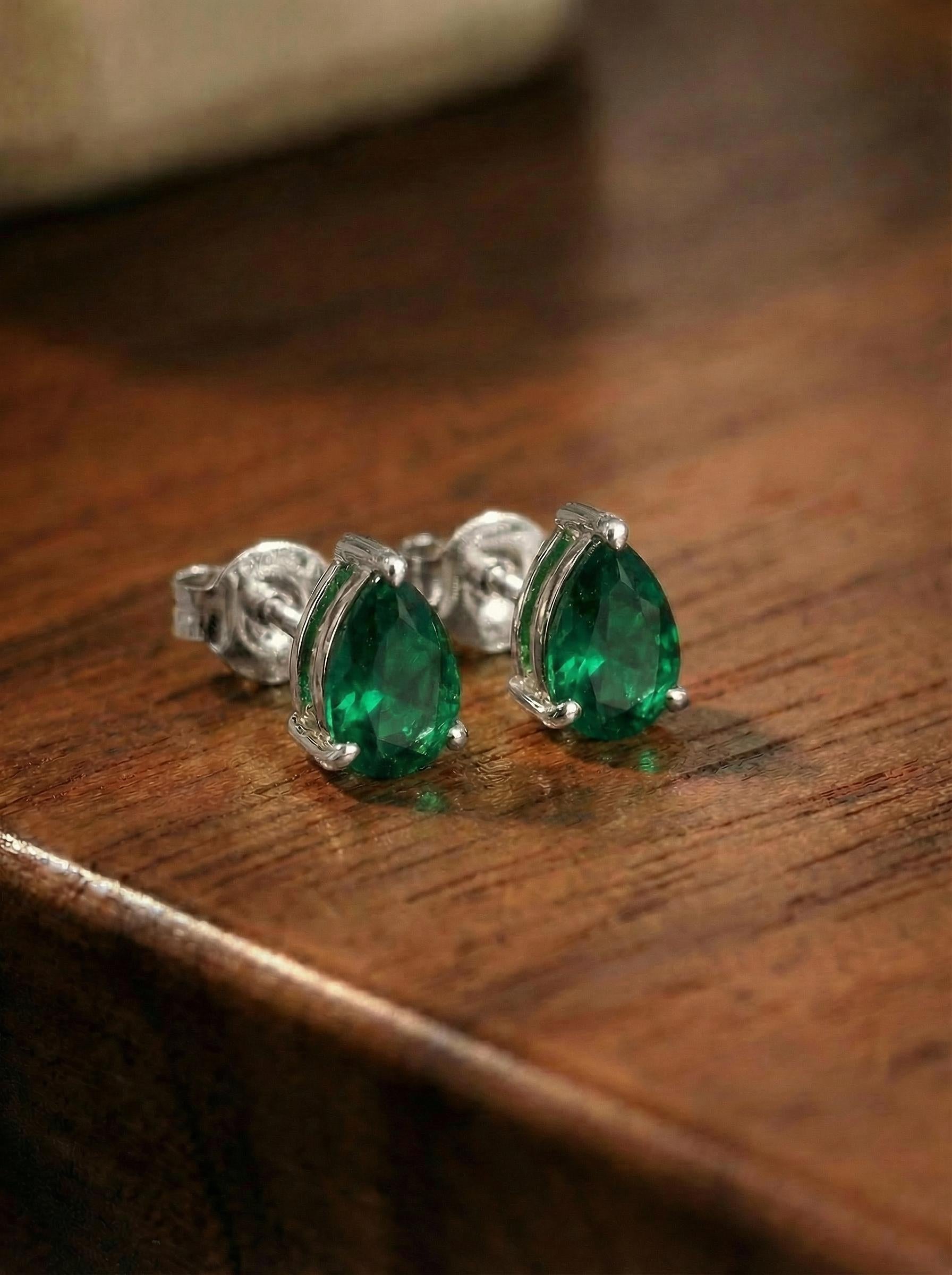 Emerald Teardrop Stud Earrings in Gold | Dainty Pear Cut Gemstone May Birthstone Minimalist Fine Jewelry Gift for Her