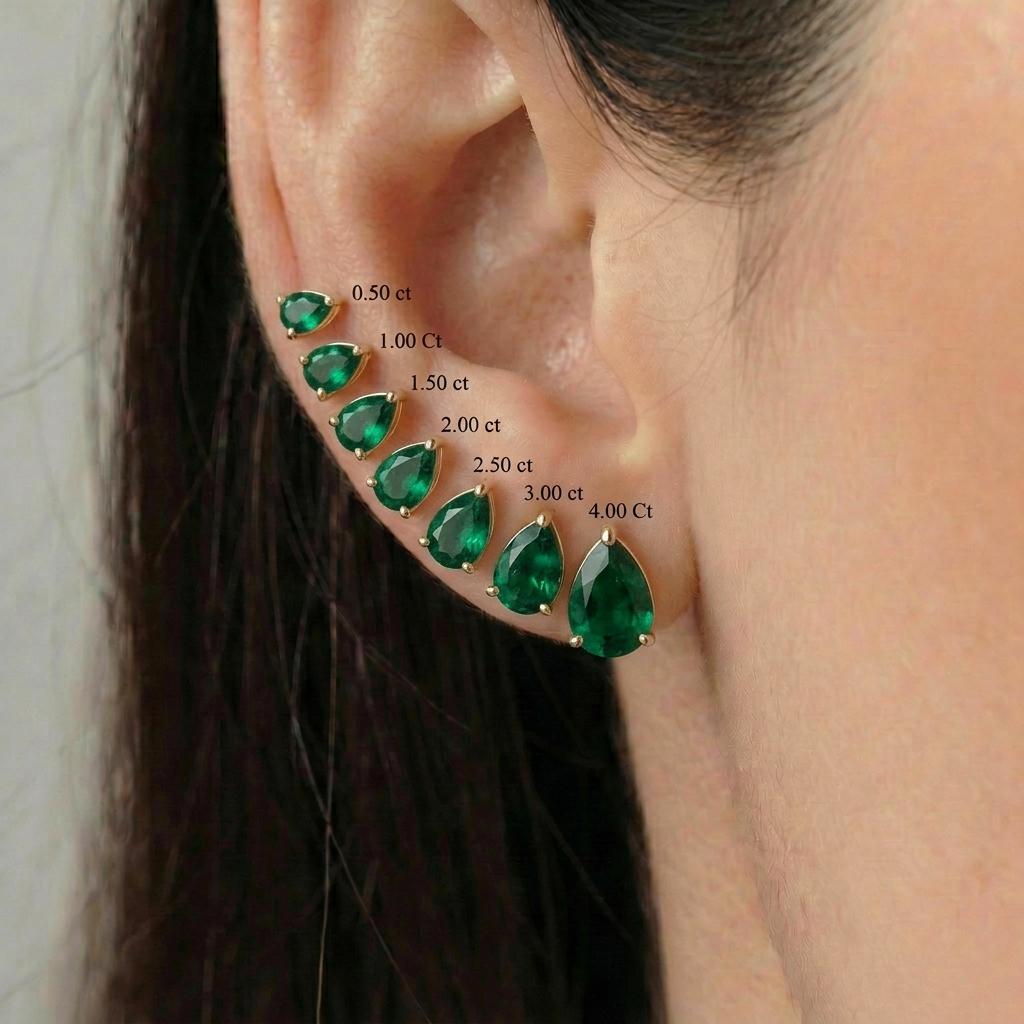 Emerald Teardrop Stud Earrings in Gold | Dainty Pear Cut Gemstone May Birthstone Minimalist Fine Jewelry Gift for Her