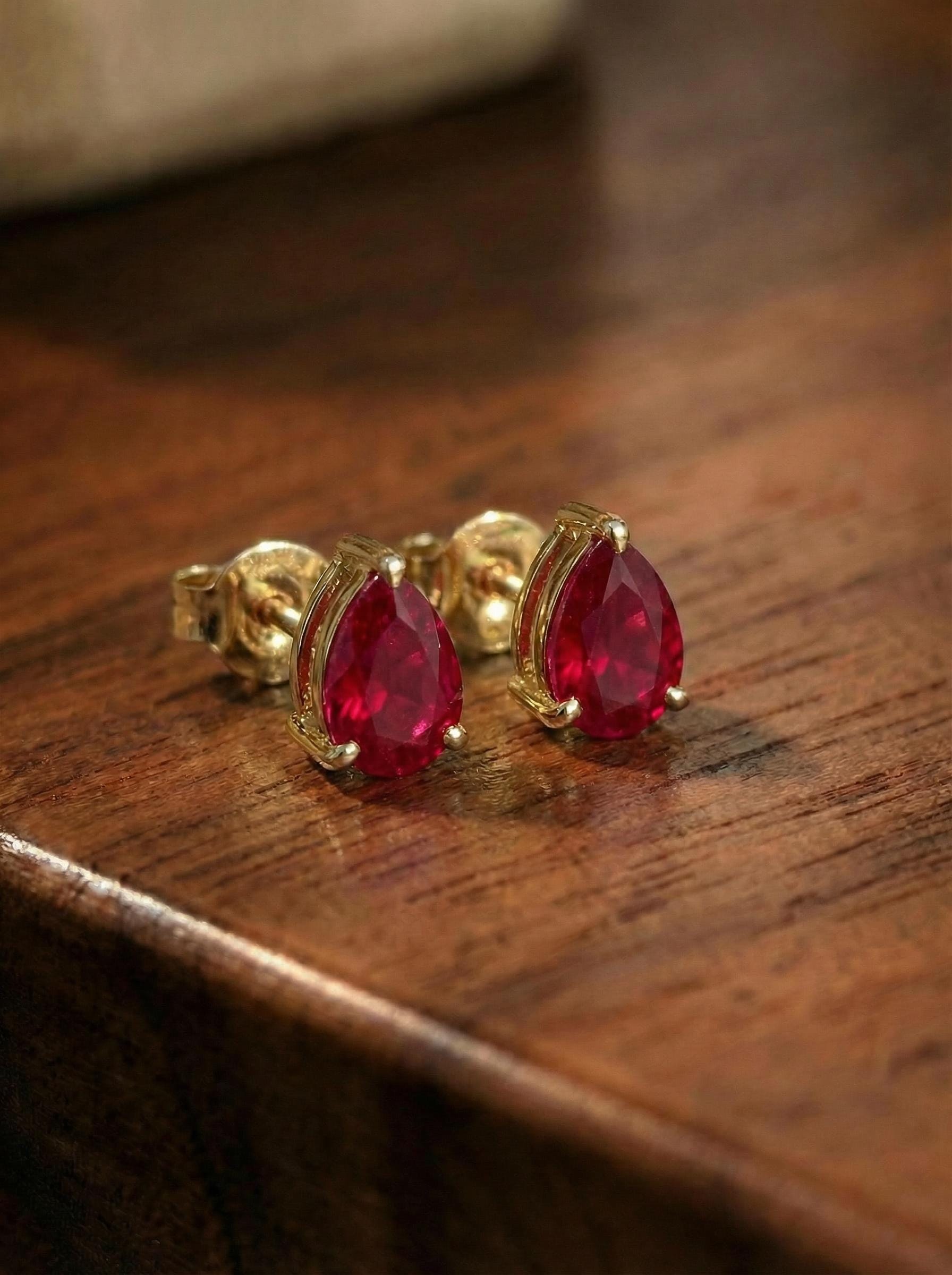 Stunning Teardrop Ruby Stud Earrings in Gold - Pear Cut Ruby Gemstone Earring - July Birthstone Fine Jewelry Gift for Her, Various S