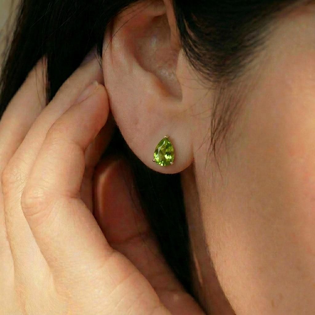 Vibrant Peridot Teardrop Stud Earrings - Genuine Pear Shape Peridot Gold Studs - Dainty August Birthstone Everyday Fine Jewelry Gift