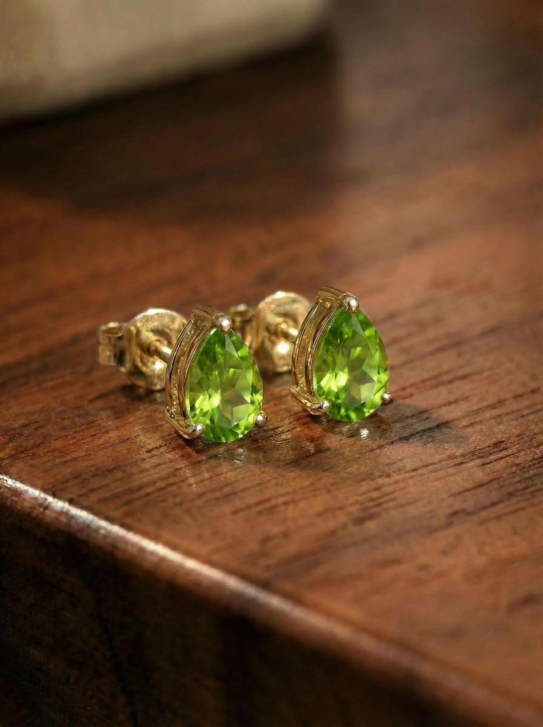 Vibrant Peridot Teardrop Stud Earrings - Genuine Pear Shape Peridot Gold Studs - Dainty August Birthstone Everyday Fine Jewelry Gift