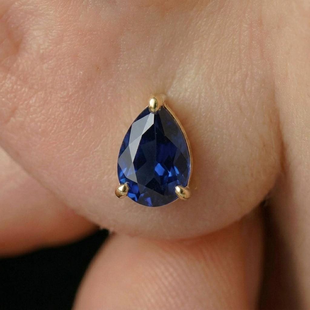 Blue Sapphire Teardrop Stud Earrings - Pear Shape Sapphire Gold Studs - Dainty September Birthstone Everyday Fine Jewelry Gift