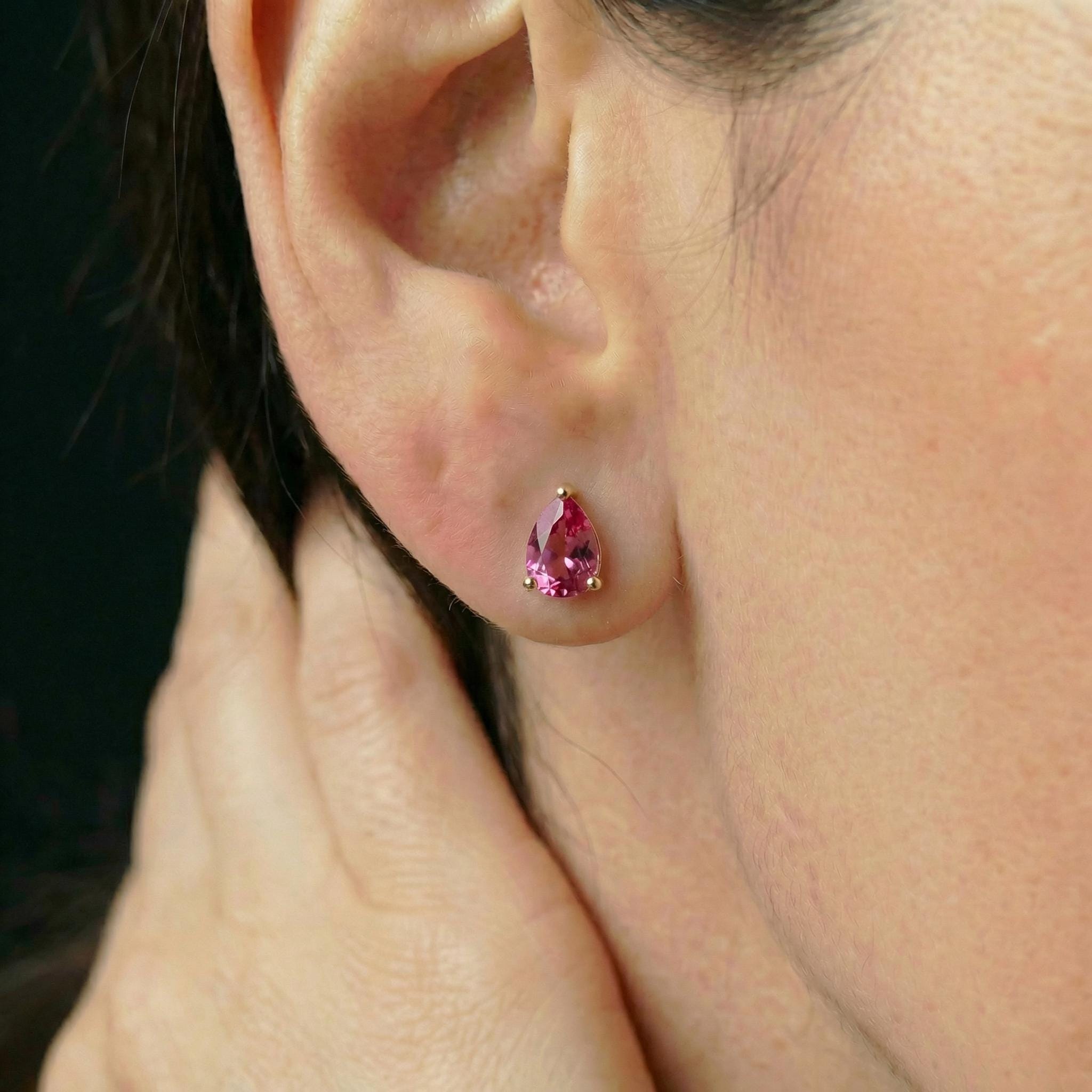 Pink Tourmaline Pear Stud Earrings in 14K Gold | Dainty Teardrop Gemstone Everyday Jewelry | Birthstone Gift for Her