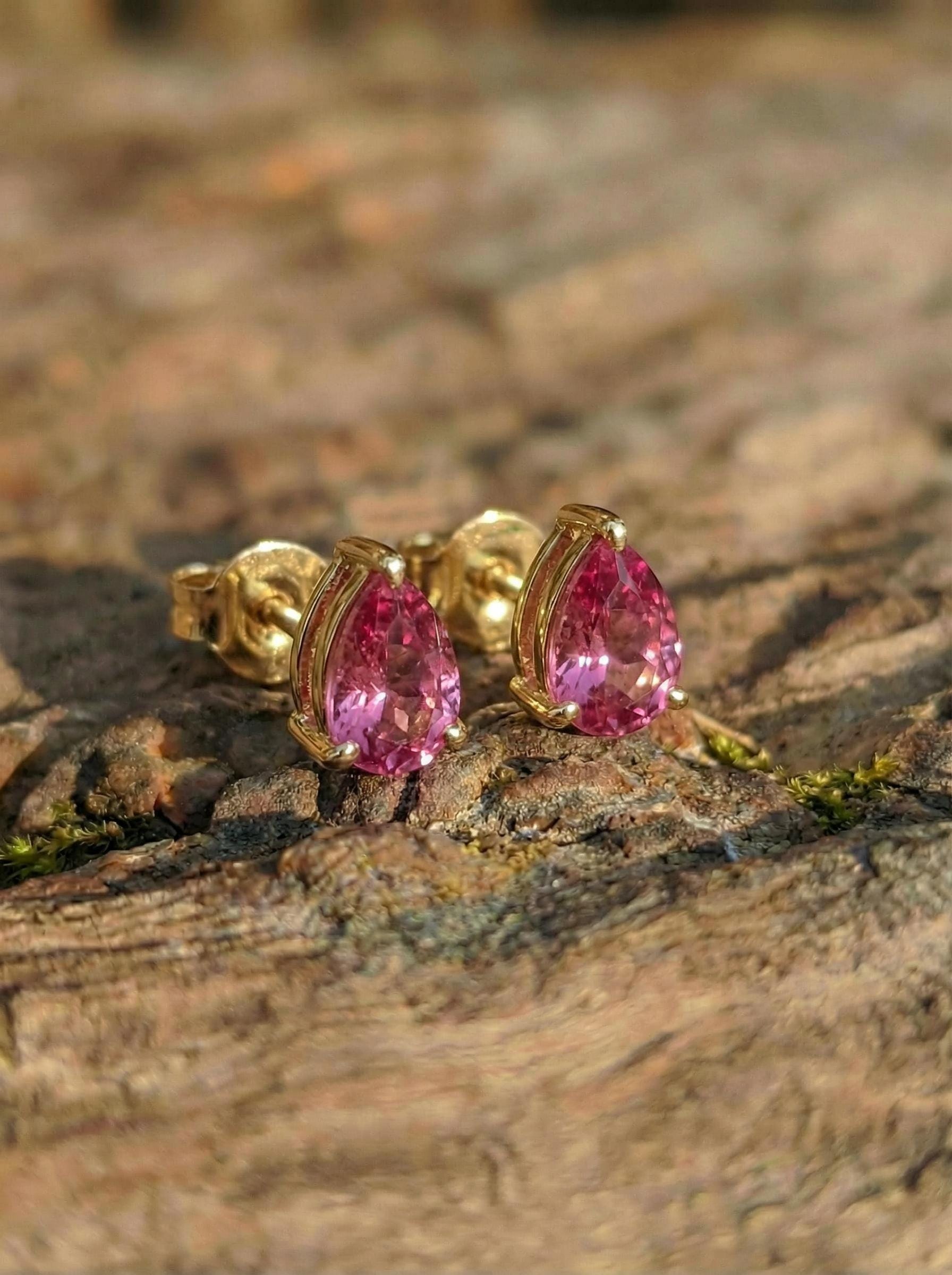 Pink Tourmaline Pear Stud Earrings in 14K Gold | Dainty Teardrop Gemstone Everyday Jewelry | Birthstone Gift for Her