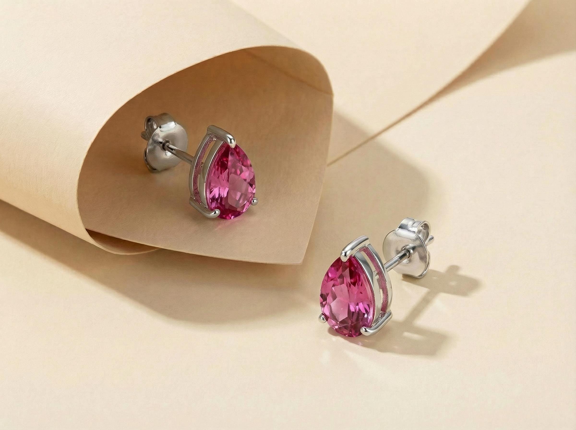 Pink Tourmaline Pear Stud Earrings in 14K Gold | Dainty Teardrop Gemstone Everyday Jewelry | Birthstone Gift for Her