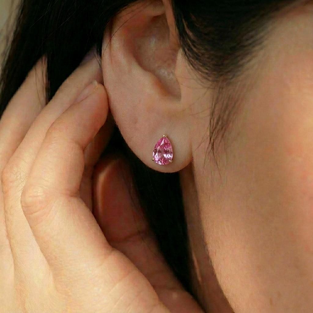 Pink Tourmaline Pear Stud Earrings in 14K Gold | Dainty Teardrop Gemstone Everyday Jewelry | Birthstone Gift for Her