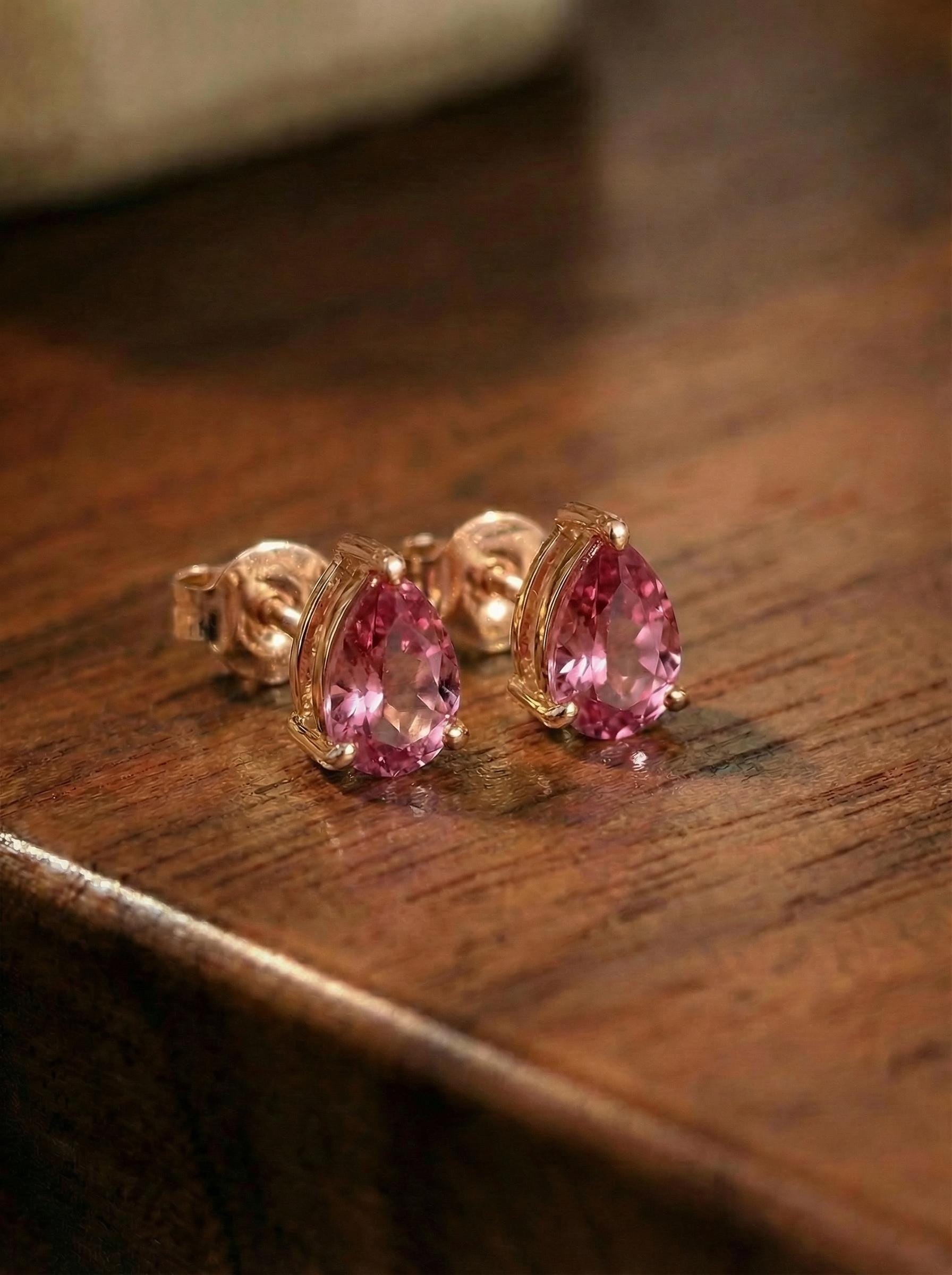 Pink Tourmaline Pear Stud Earrings in 14K Gold | Dainty Teardrop Gemstone Everyday Jewelry | Birthstone Gift for Her
