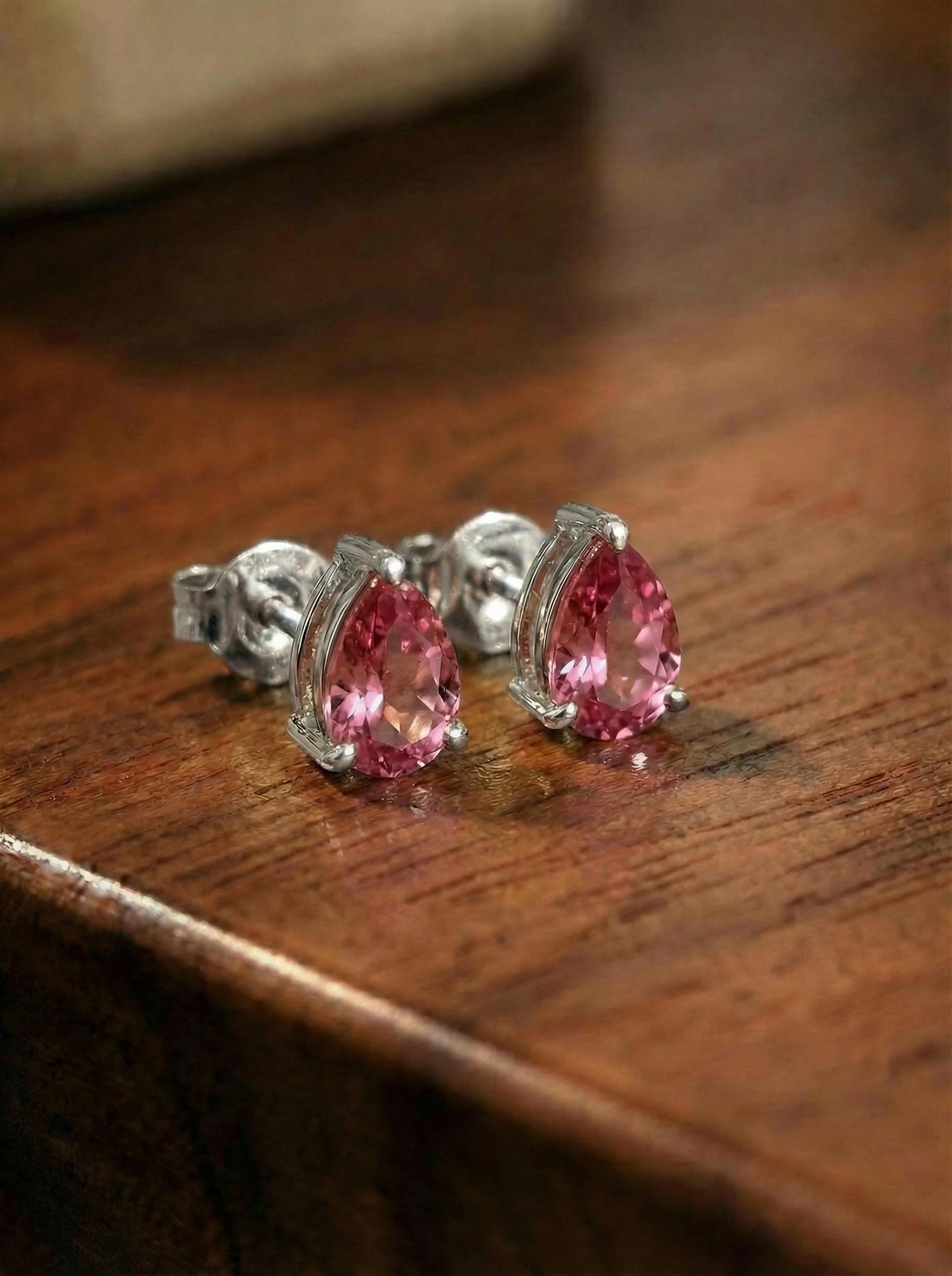 Pink Tourmaline Pear Stud Earrings in 14K Gold | Dainty Teardrop Gemstone Everyday Jewelry | Birthstone Gift for Her