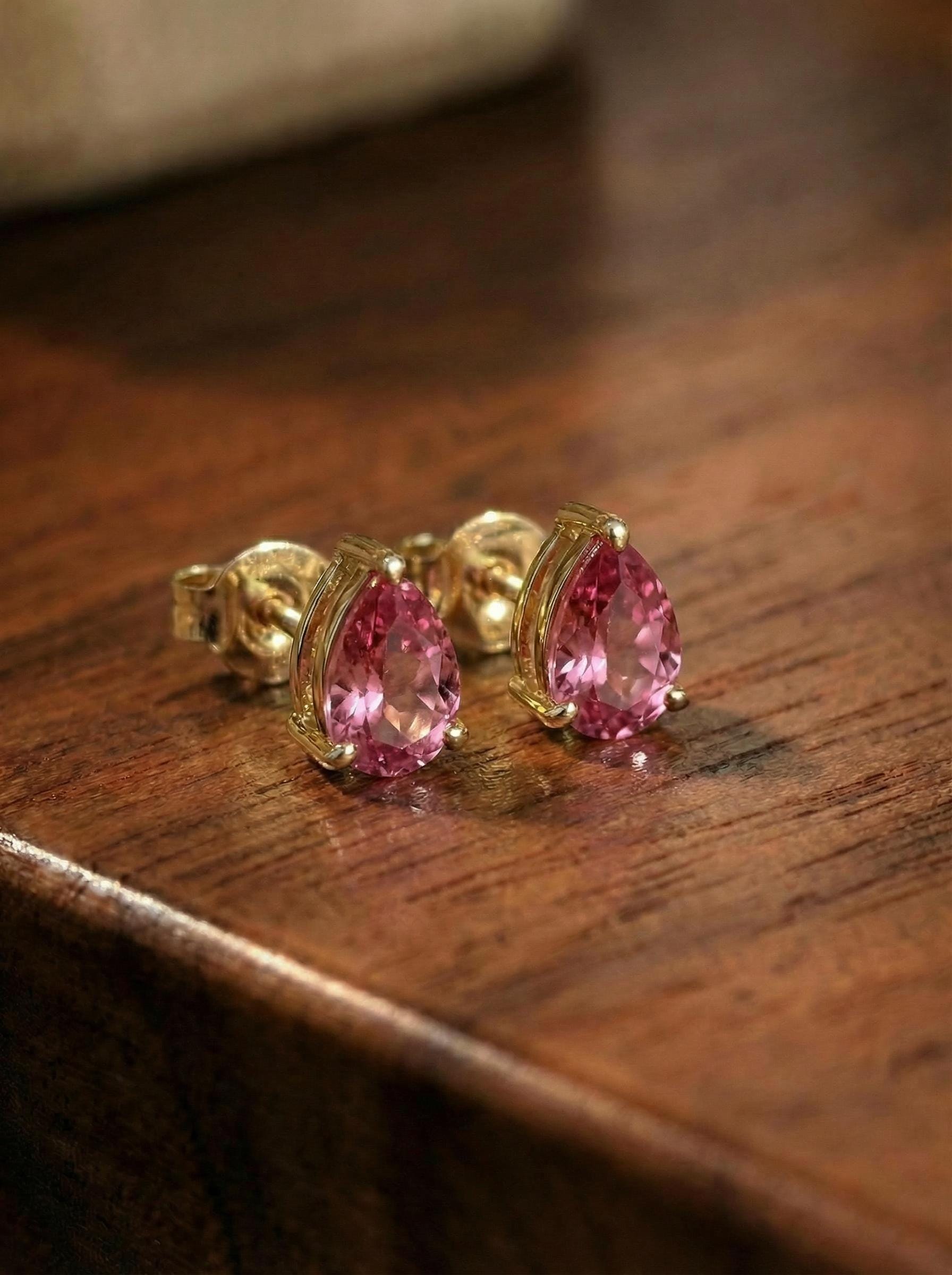 Pink Tourmaline Pear Stud Earrings in 14K Gold | Dainty Teardrop Gemstone Everyday Jewelry | Birthstone Gift for Her
