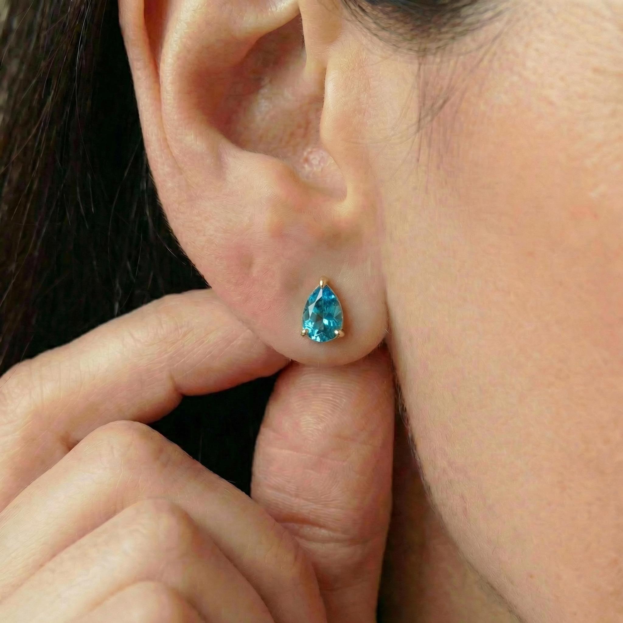 Pear Blue Topaz Stud Earrings in Gold | Dainty Gemstone Teardrop Earrings | December Birthstone Jewelry | Multiple Carat Sizes
