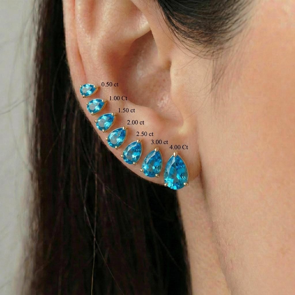 Pear Blue Topaz Stud Earrings in Gold | Dainty Gemstone Teardrop Earrings | December Birthstone Jewelry | Multiple Carat Sizes