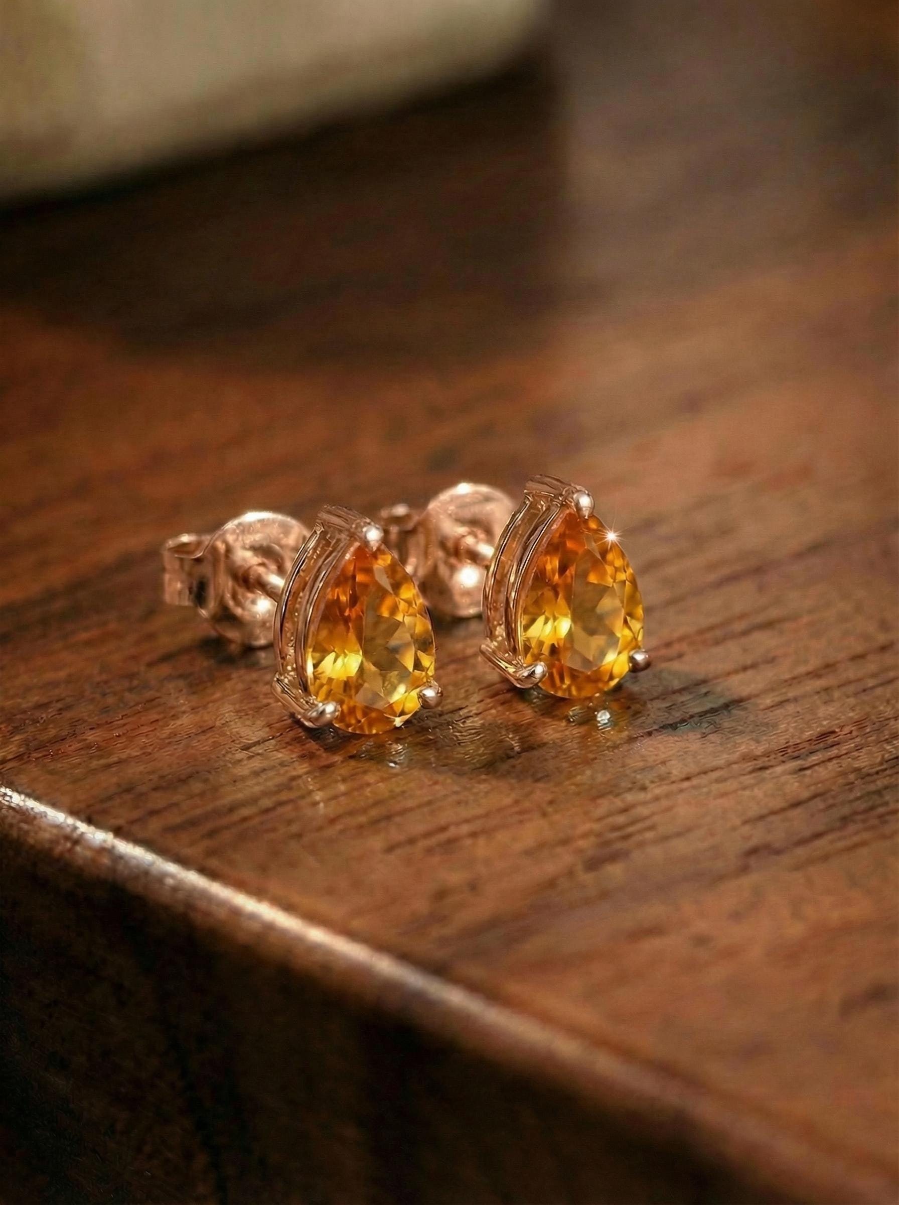 Pear Cut Citrine Stud Earrings | Teardrop Gemstone Studs | November Birthstone Jewelry | Dainty Yellow Gemstone Earrings for Her