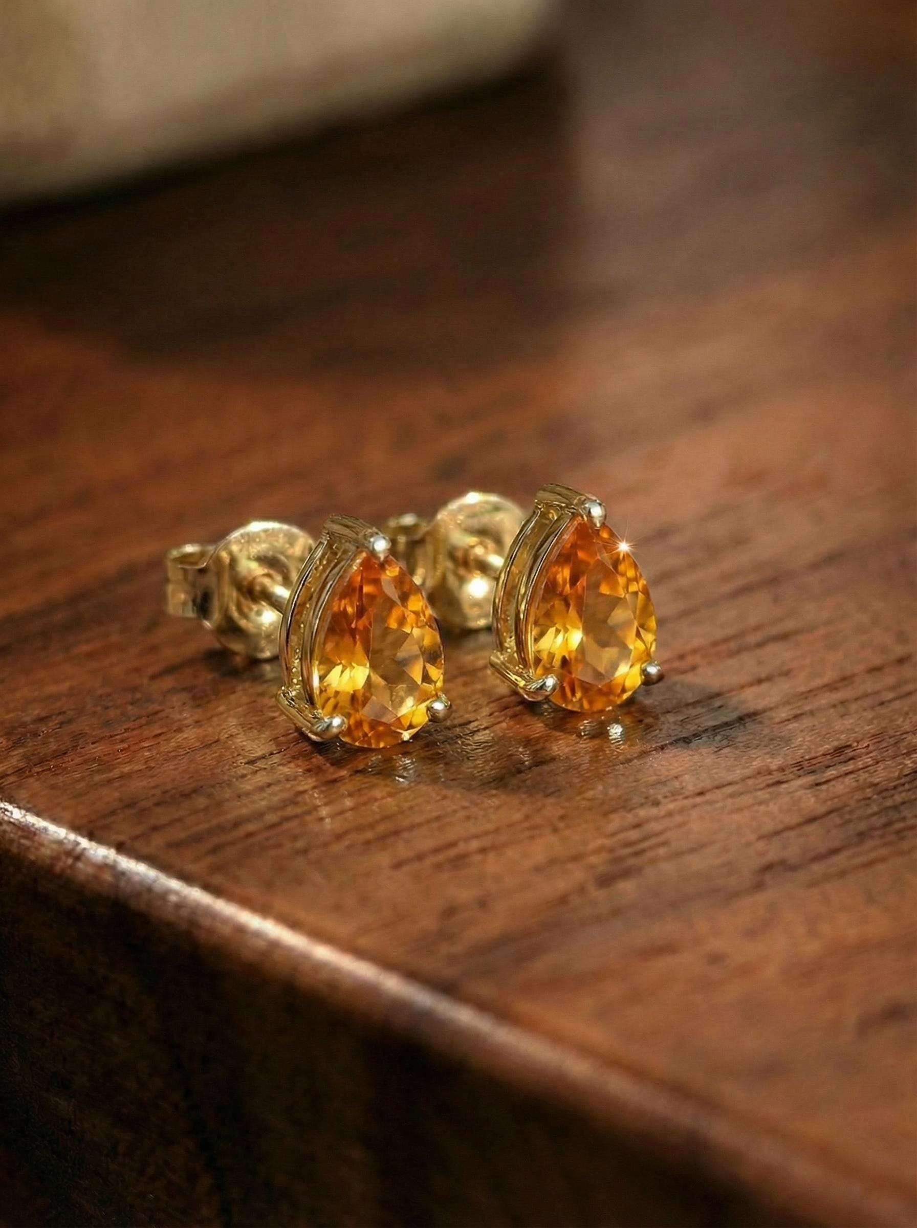 Pear Cut Citrine Stud Earrings | Teardrop Gemstone Studs | November Birthstone Jewelry | Dainty Yellow Gemstone Earrings for Her
