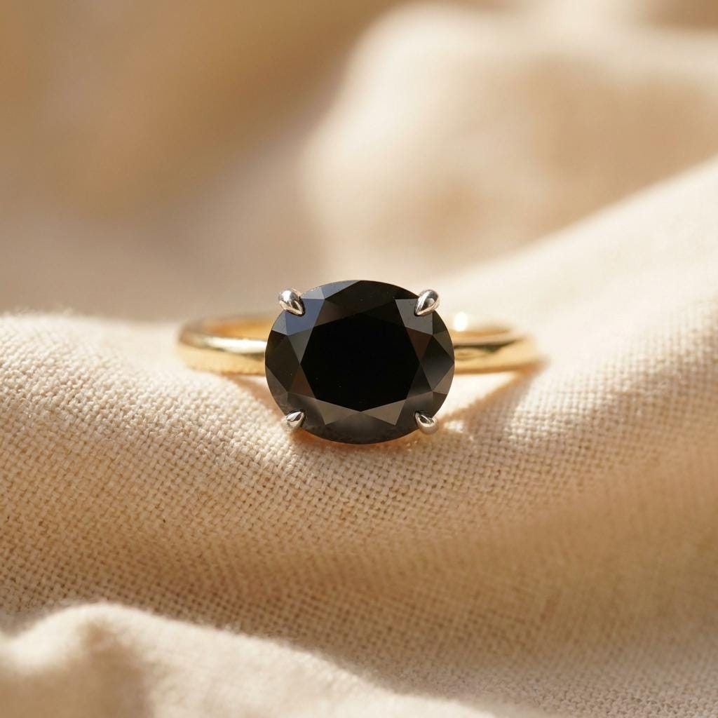 2.0 CT East West Oval Cut Black Diamond Ring, Yellow Gold Vermeil Ring, Dainty Travel Engagement Ring, Promise Ring Gift for Her
