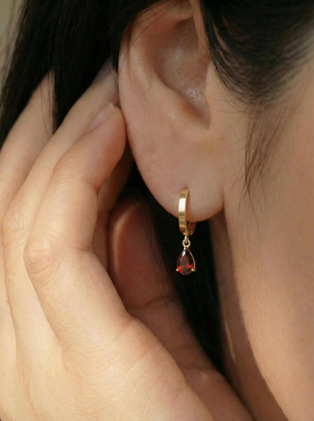 Elegant Gold Garnet Teardrop Dangle Hoop Earrings | January Birthstone Jewelry | Delicate Minimalist Gemstone Huggie Hoops Gift