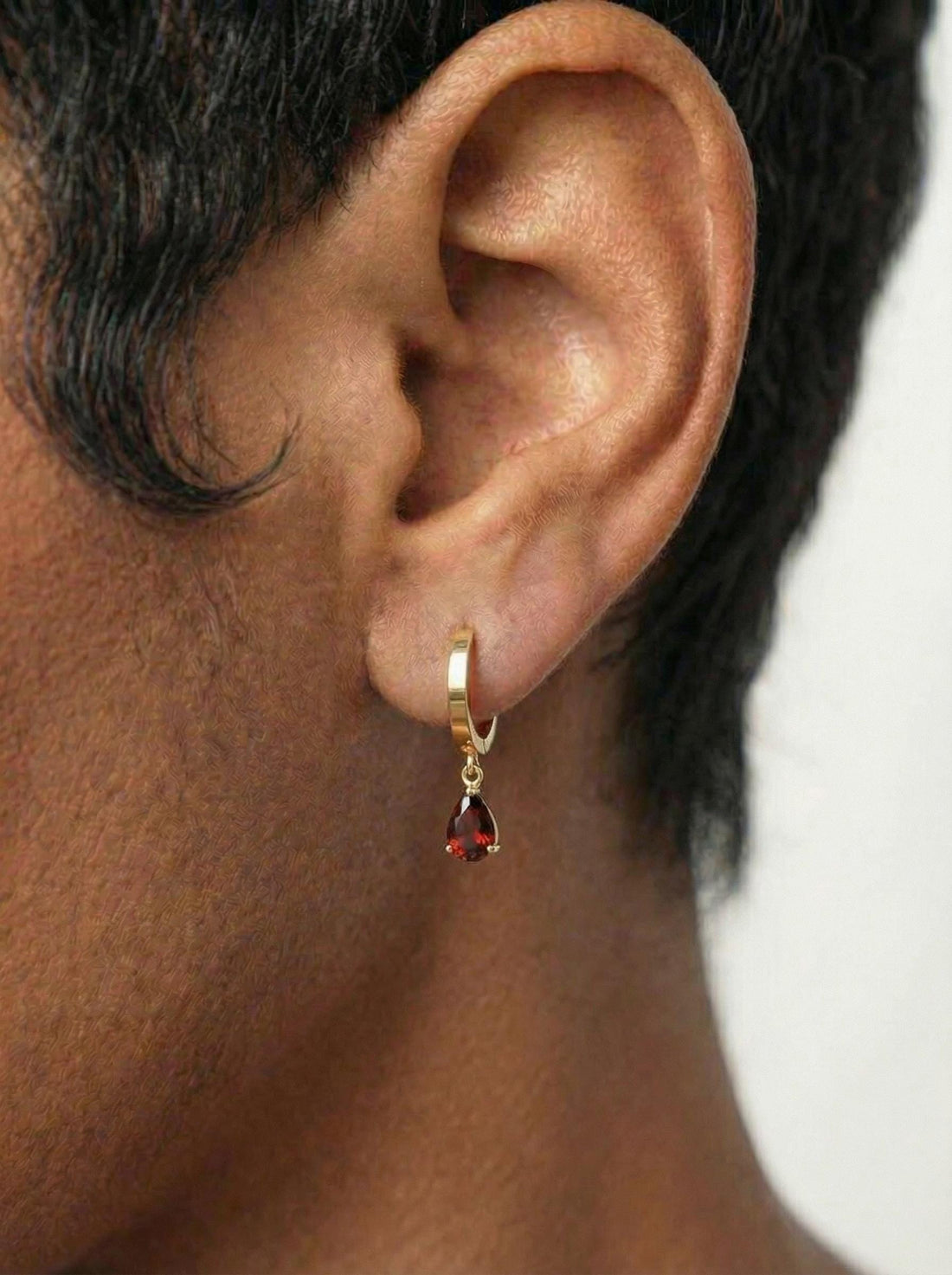 Elegant Gold Garnet Teardrop Dangle Hoop Earrings | January Birthstone Jewelry | Delicate Minimalist Gemstone Huggie Hoops Gift