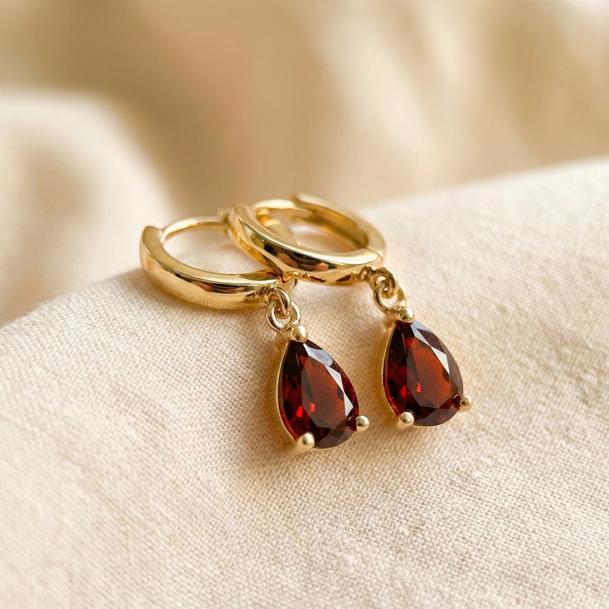 Elegant Gold Garnet Teardrop Dangle Hoop Earrings | January Birthstone Jewelry | Delicate Minimalist Gemstone Huggie Hoops Gift