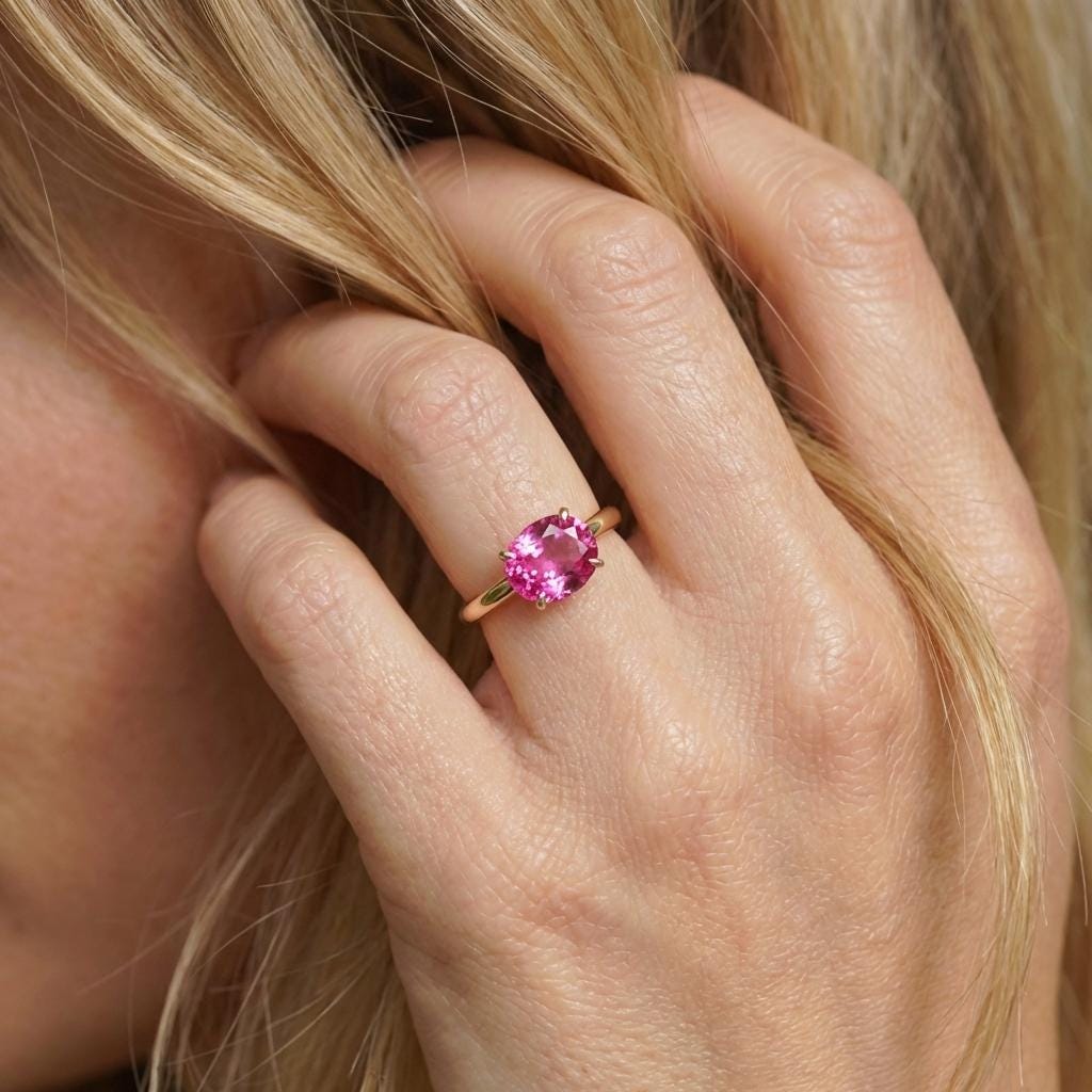 2.0 CT East West Oval Cut Pink Sapphire Birthstone Ring, Yellow Gold Vermeil Two Tone Ring, Dainty Travel Engagement Ring