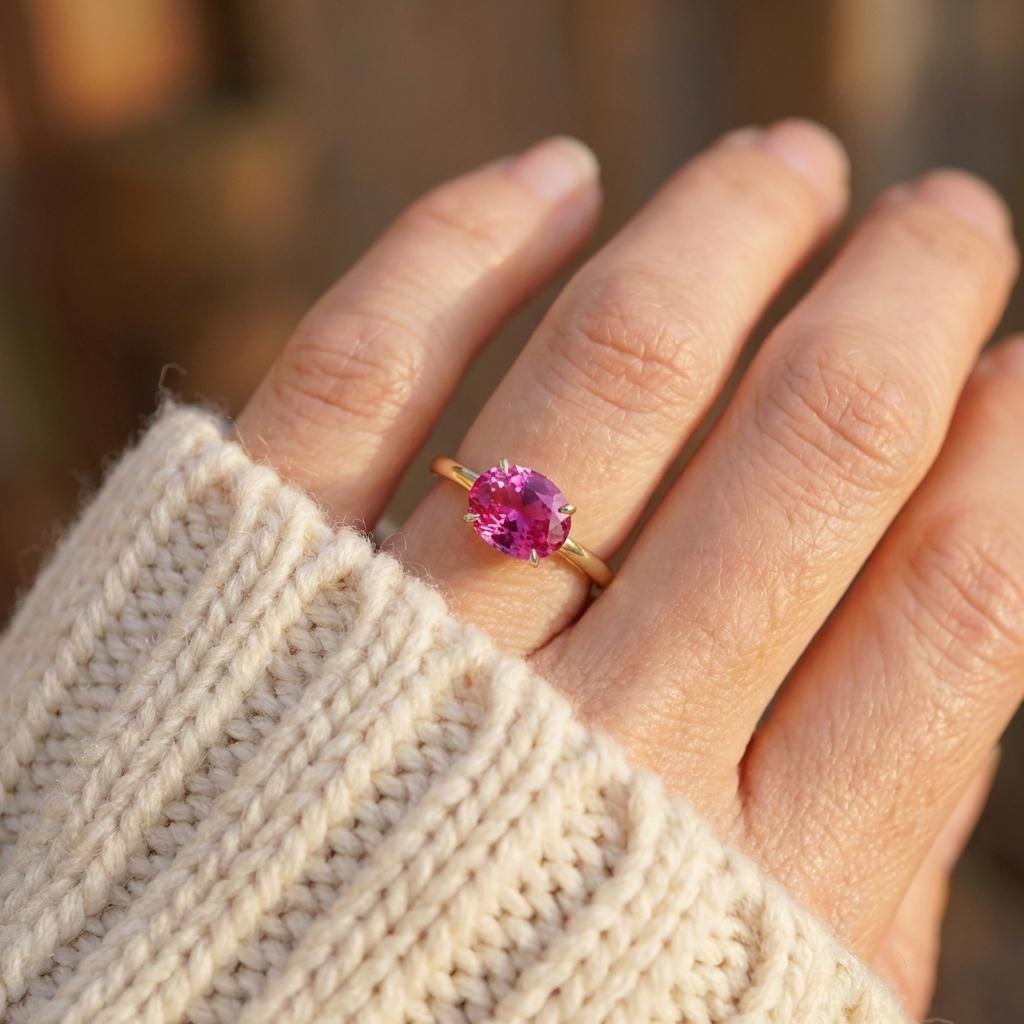 2.0 CT East West Oval Cut Pink Sapphire Birthstone Ring, Yellow Gold Vermeil Two Tone Ring, Dainty Travel Engagement Ring