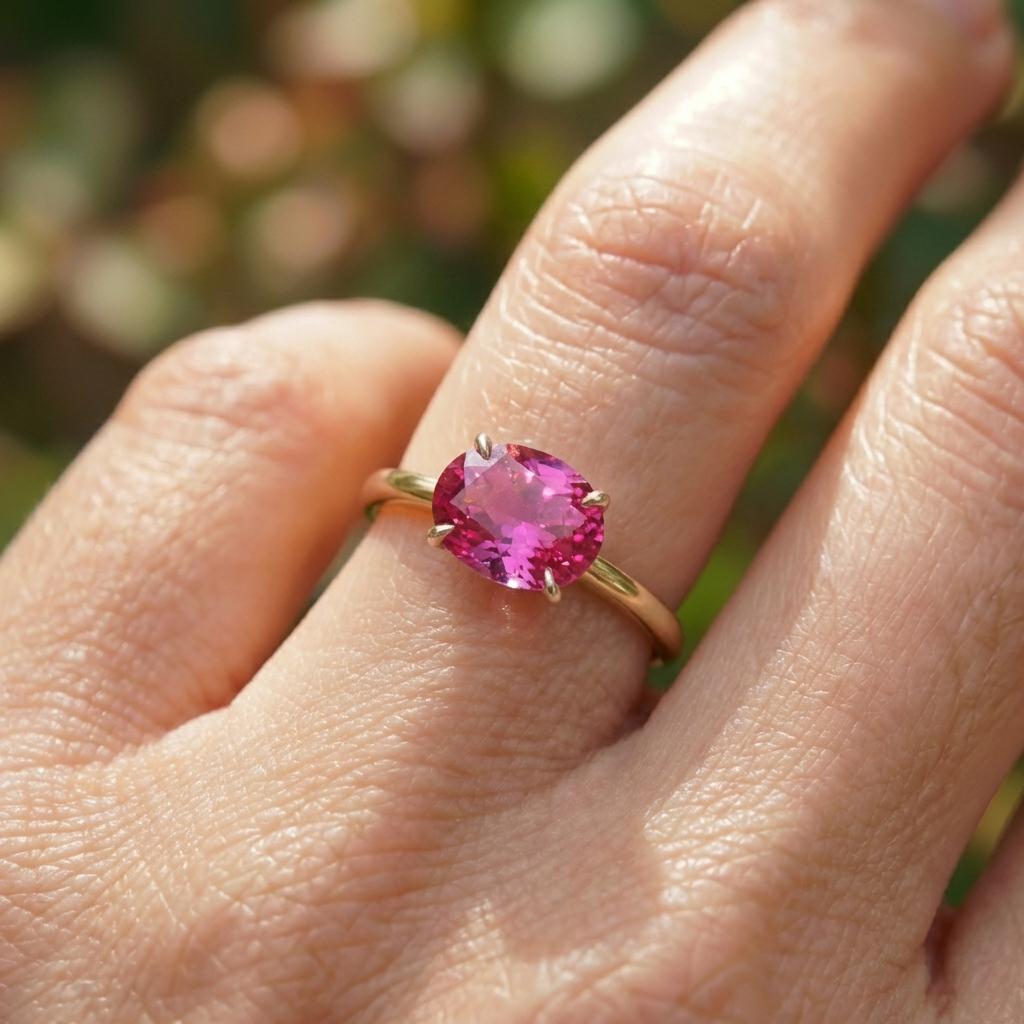 2.0 CT East West Oval Cut Pink Sapphire Birthstone Ring, Yellow Gold Vermeil Two Tone Ring, Dainty Travel Engagement Ring