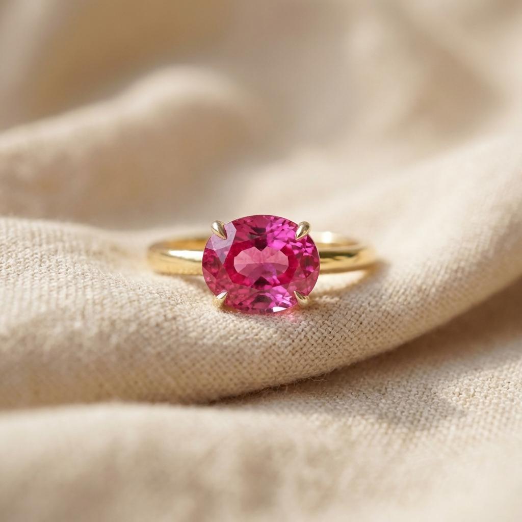 2.0 CT East West Oval Cut Pink Sapphire Birthstone Ring, Yellow Gold Vermeil Two Tone Ring, Dainty Travel Engagement Ring