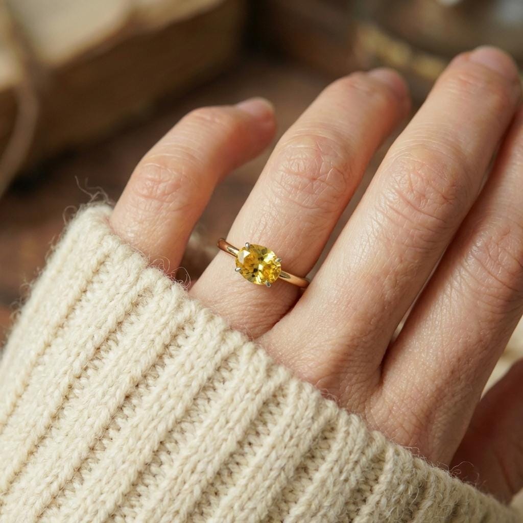 2.0 CT East West Oval Cut Yellow Sapphire Birthstone Ring, Yellow Gold Vermeil Two Tone Ring, Dainty Travel Engagement Ring