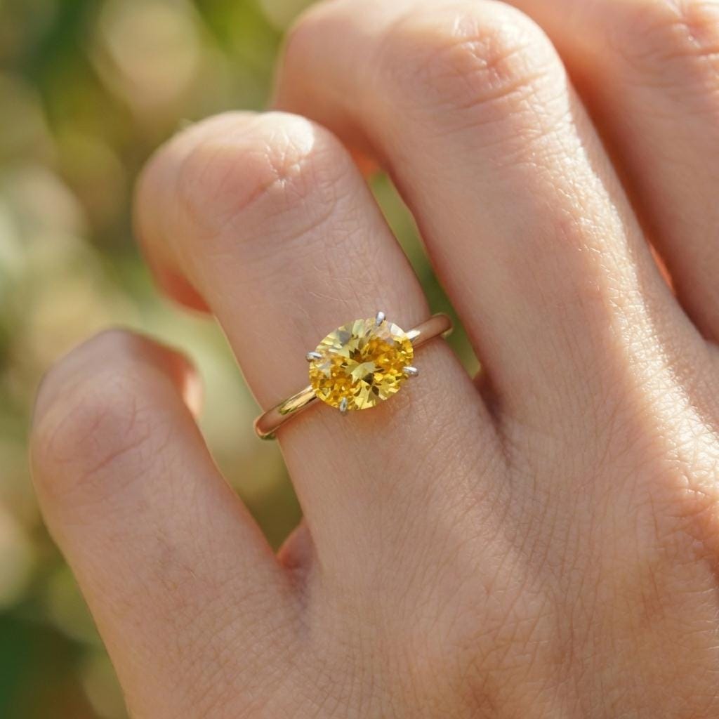 2.0 CT East West Oval Cut Yellow Sapphire Birthstone Ring, Yellow Gold Vermeil Two Tone Ring, Dainty Travel Engagement Ring