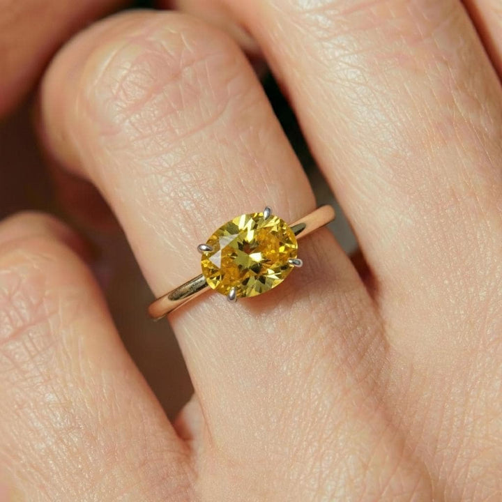 2.0 CT East West Oval Cut Yellow Sapphire Birthstone Ring, Yellow Gold Vermeil Two Tone Ring, Dainty Travel Engagement Ring
