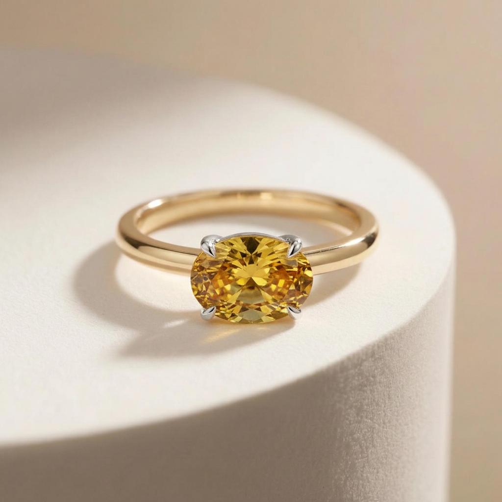 2.0 CT East West Oval Cut Yellow Sapphire Birthstone Ring, Yellow Gold Vermeil Two Tone Ring, Dainty Travel Engagement Ring