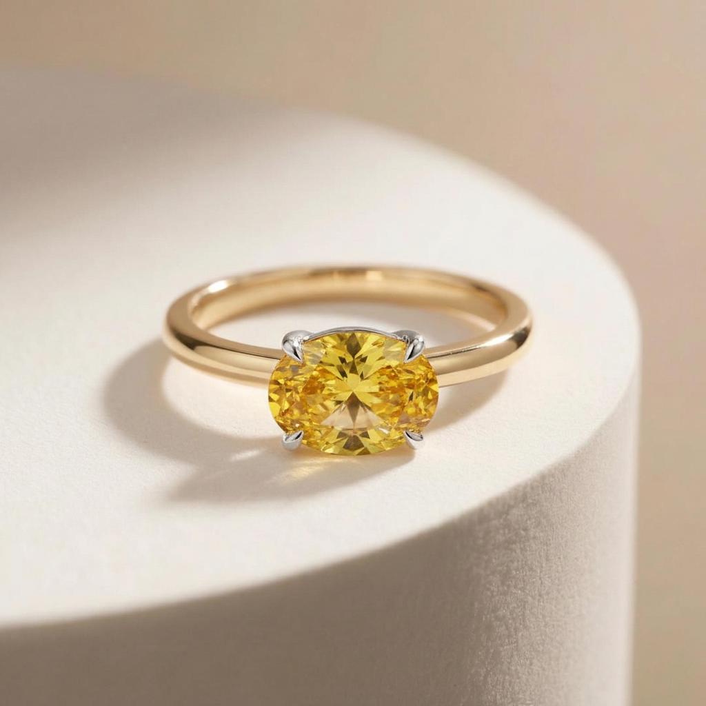 2.0 CT East West Oval Cut Yellow Sapphire Birthstone Ring, Yellow Gold Vermeil Two Tone Ring, Dainty Travel Engagement Ring