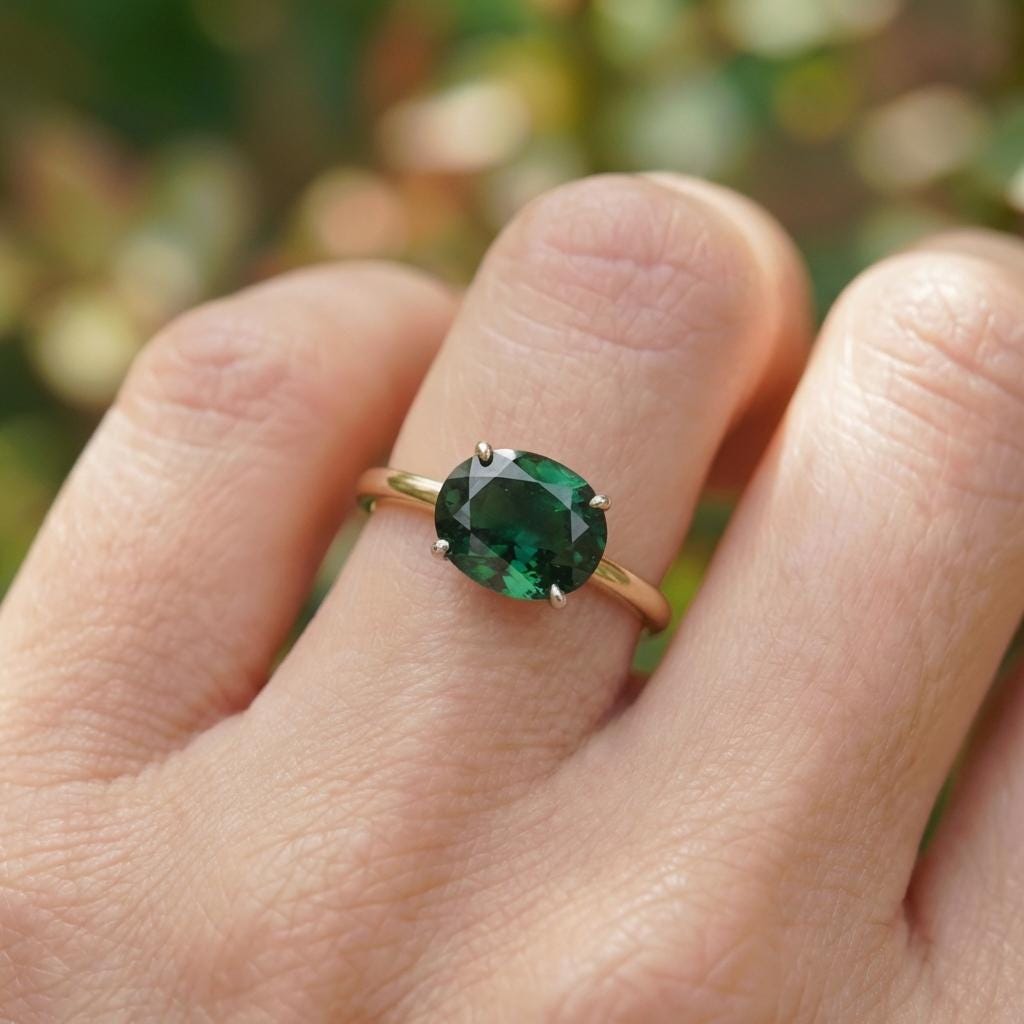 2.0 CT East West Oval Cut Green Sapphire Birthstone Ring, Yellow Gold Vermeil Two Tone Ring, Dainty Travel Engagement Ring