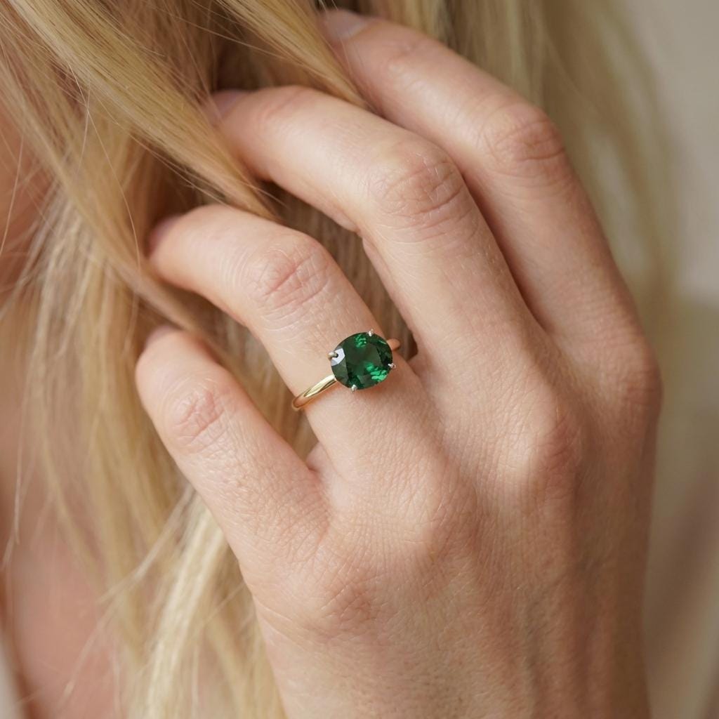 2.0 CT East West Oval Cut Green Sapphire Birthstone Ring, Yellow Gold Vermeil Two Tone Ring, Dainty Travel Engagement Ring
