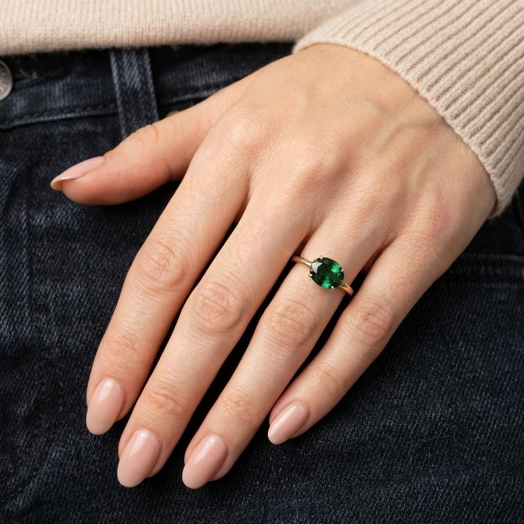 2.0 CT East West Oval Cut Green Sapphire Birthstone Ring, Yellow Gold Vermeil Two Tone Ring, Dainty Travel Engagement Ring