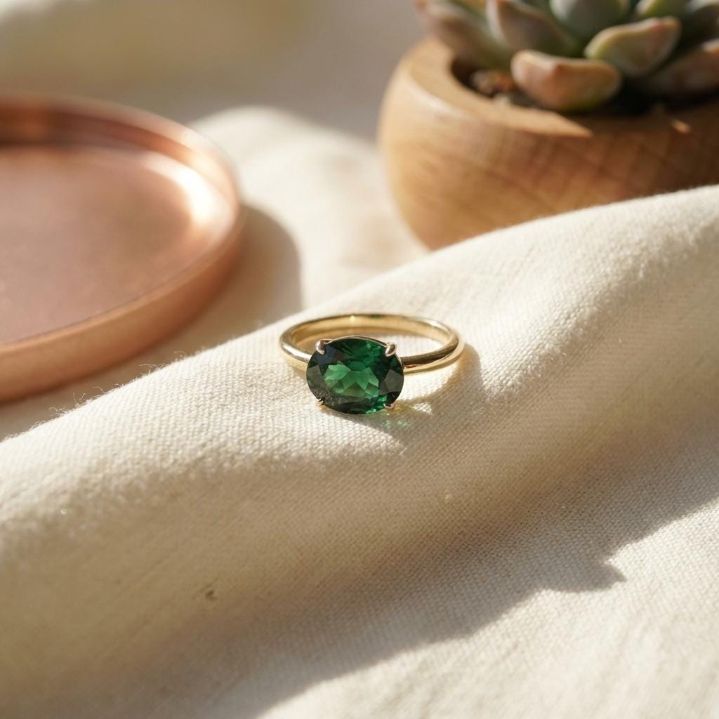 2.0 CT East West Oval Cut Green Sapphire Birthstone Ring, Yellow Gold Vermeil Two Tone Ring, Dainty Travel Engagement Ring
