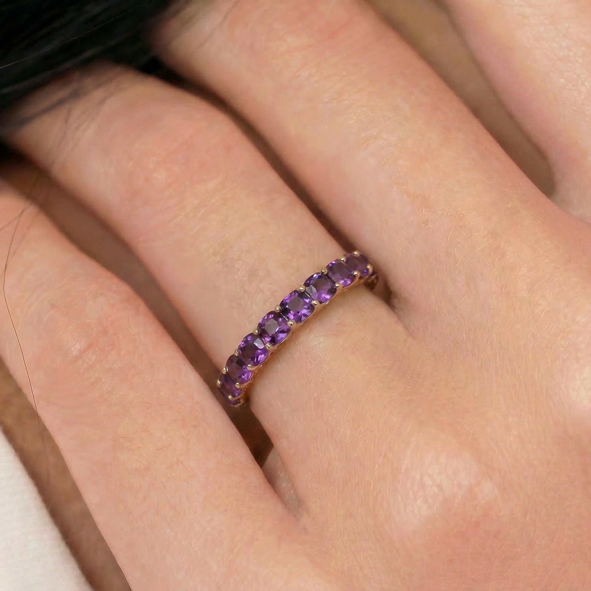 Cushion Cut Amethyst Wedding Band, Full Eternity Stacking Ring for Women, 18K Gold Matching Ring, February Birthstone Gift