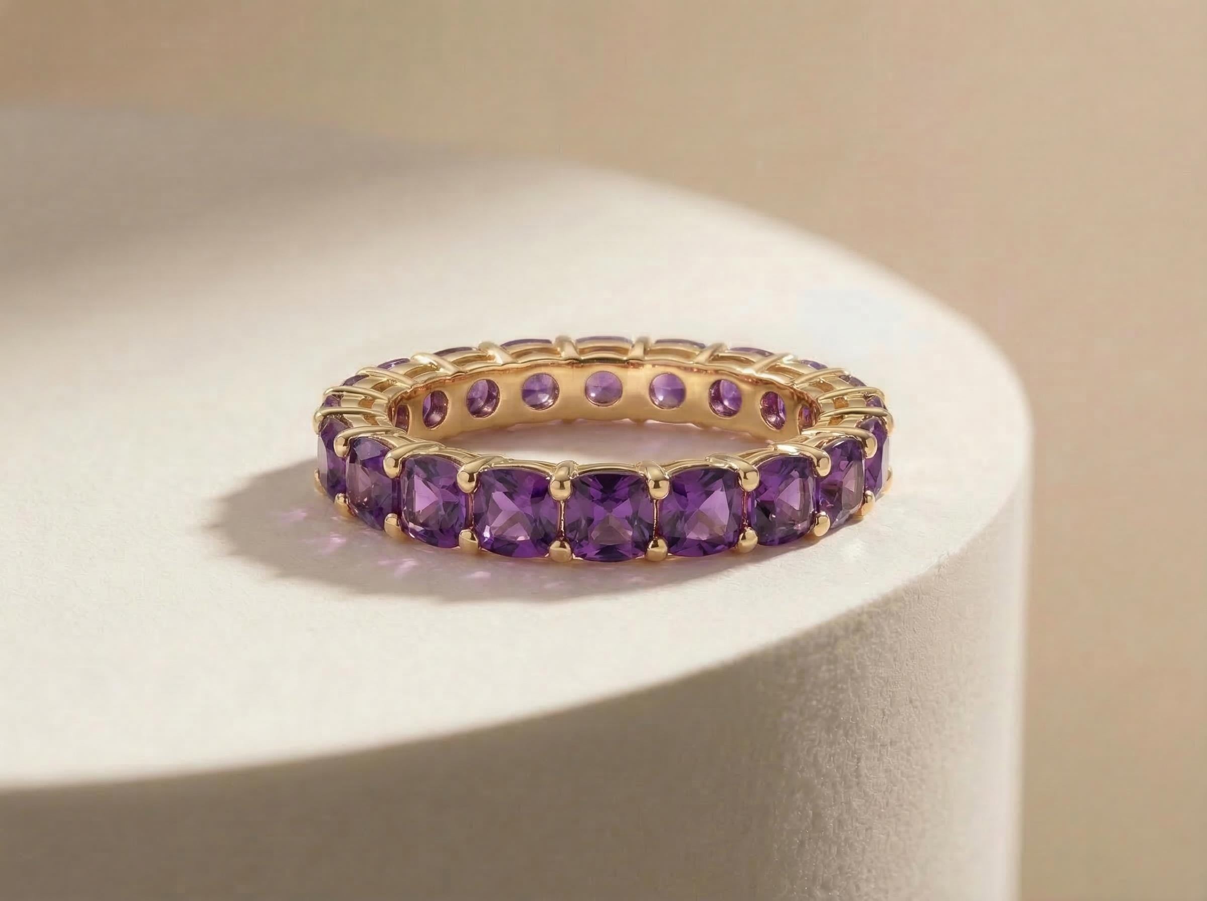 Cushion Cut Amethyst Wedding Band, Full Eternity Stacking Ring for Women, 18K Gold Matching Ring, February Birthstone Gift