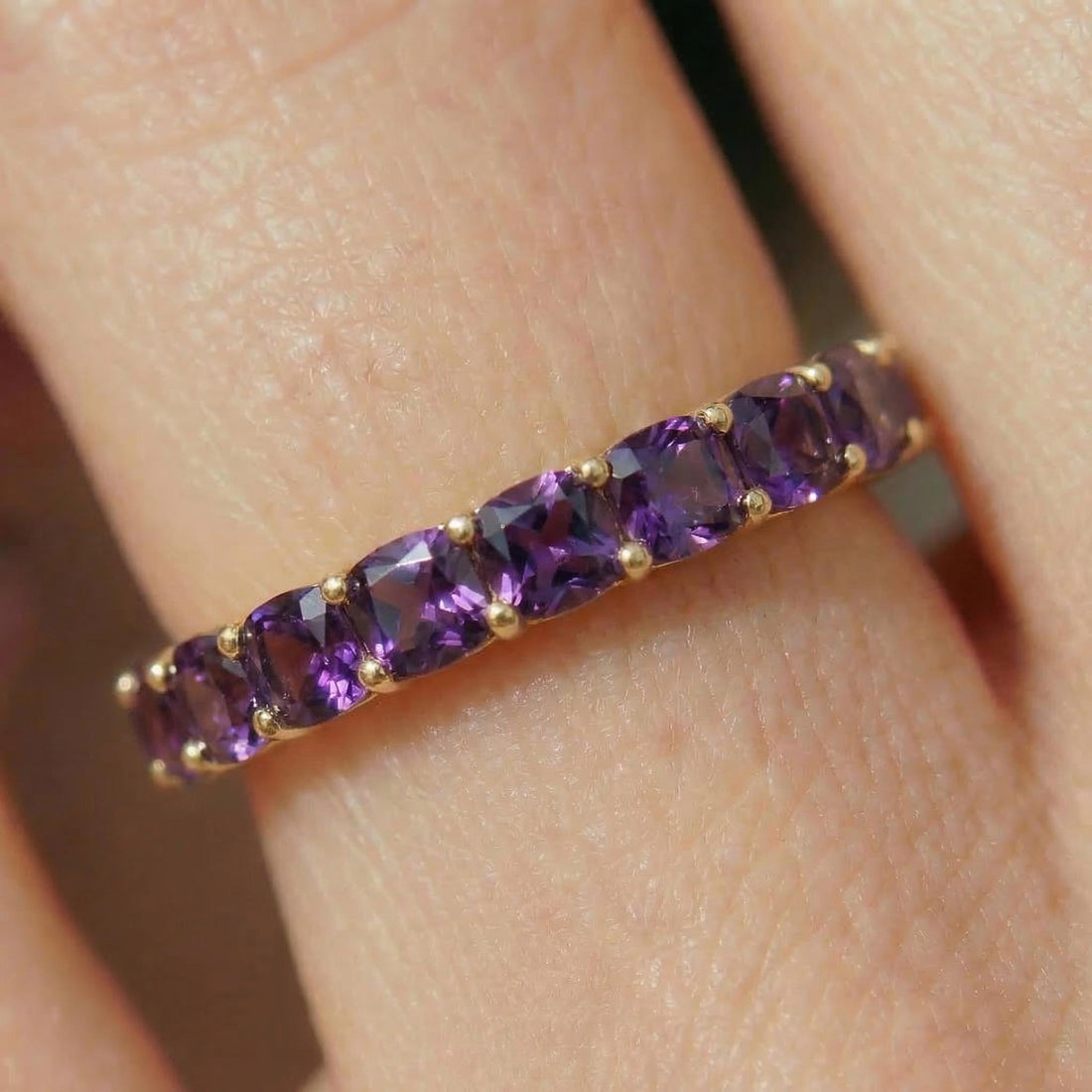 Cushion Cut Amethyst Wedding Band, Full Eternity Stacking Ring for Women, 18K Gold Matching Ring, February Birthstone Gift