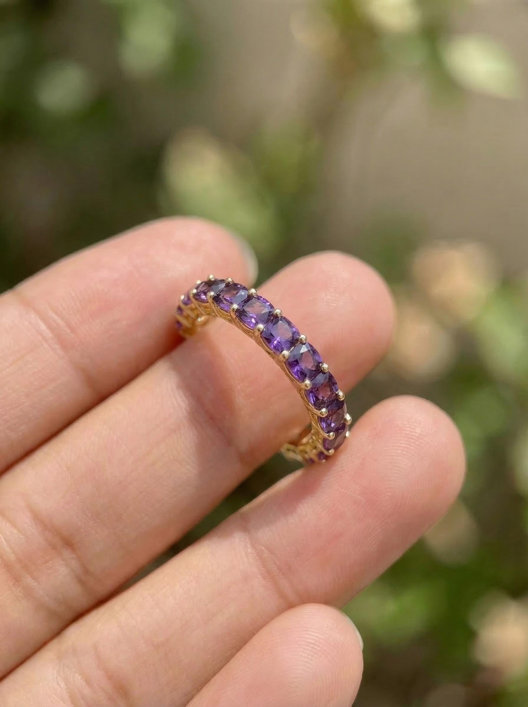 Cushion Cut Amethyst Wedding Band, Full Eternity Stacking Ring for Women, 18K Gold Matching Ring, February Birthstone Gift