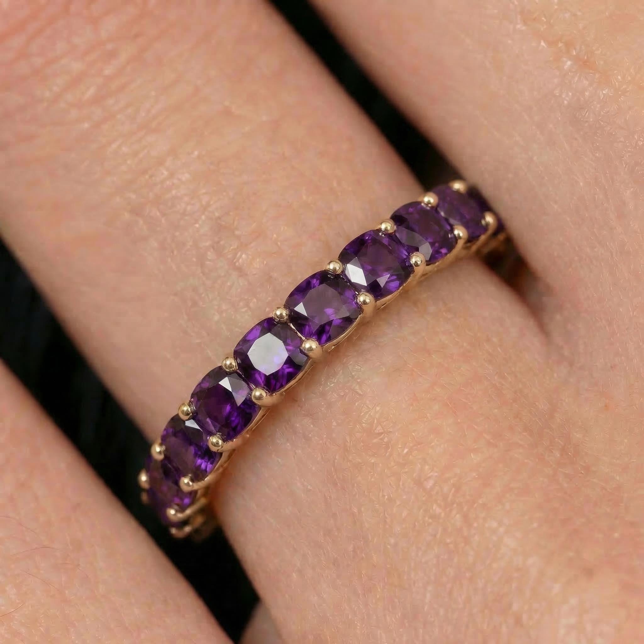 Cushion Cut Amethyst Wedding Band, Full Eternity Stacking Ring for Women, 18K Gold Matching Ring, February Birthstone Gift