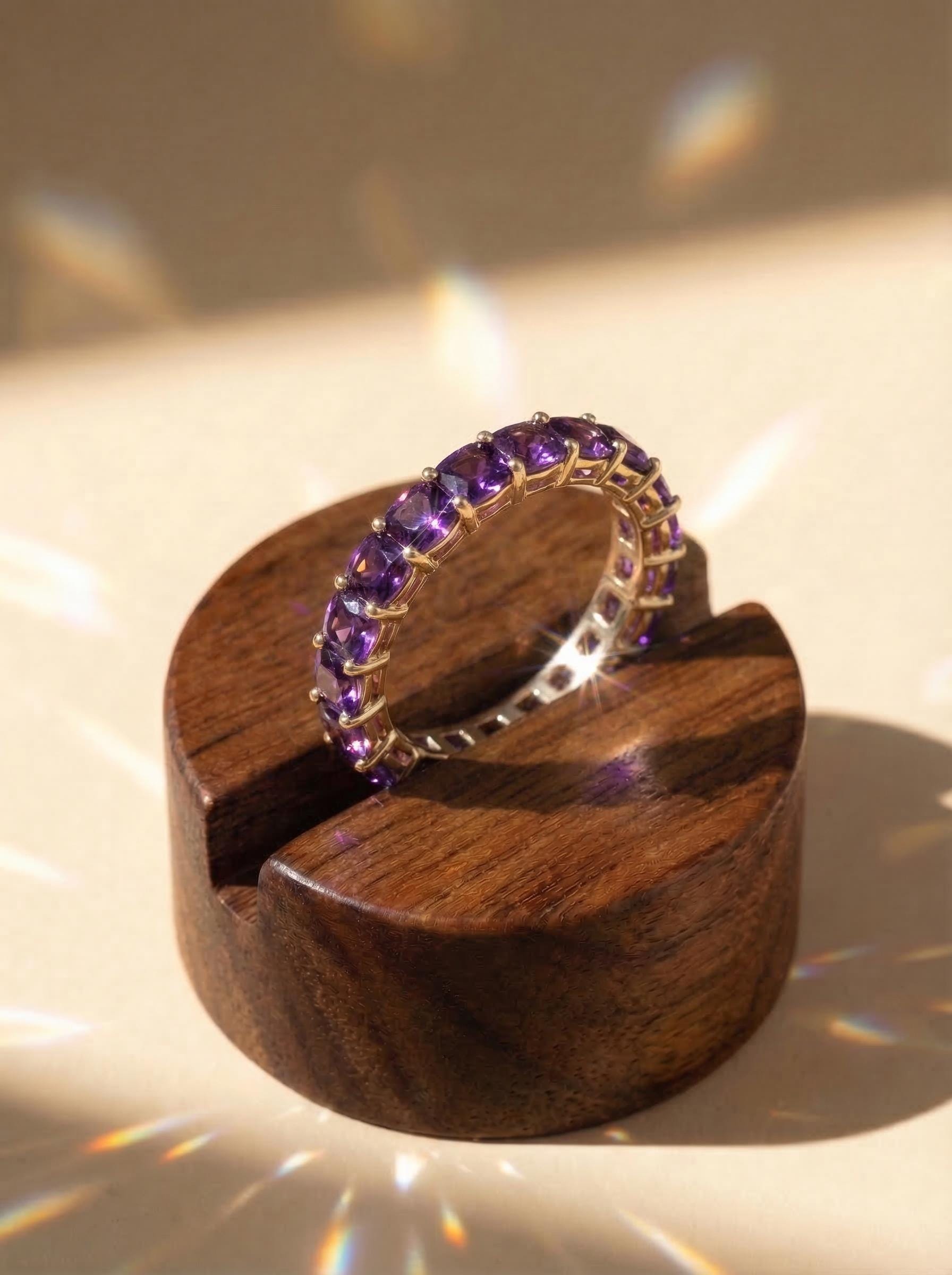Cushion Cut Amethyst Wedding Band, Full Eternity Stacking Ring for Women, 18K Gold Matching Ring, February Birthstone Gift