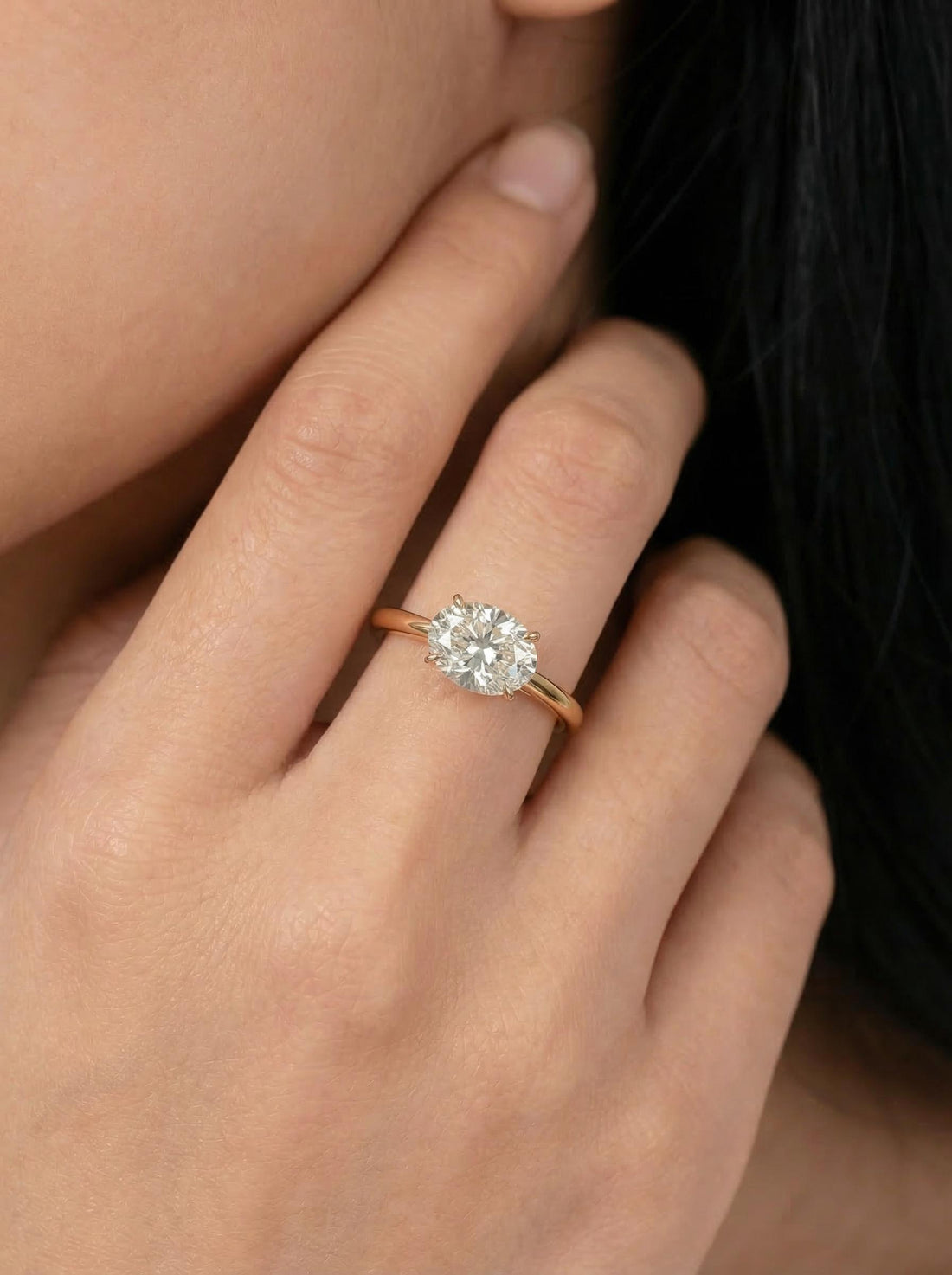 2.0 CT East West Oval Cut Diamond Ring, Yellow Gold Vermeil Ring, Dainty Travel Engagement Ring Gift for Her