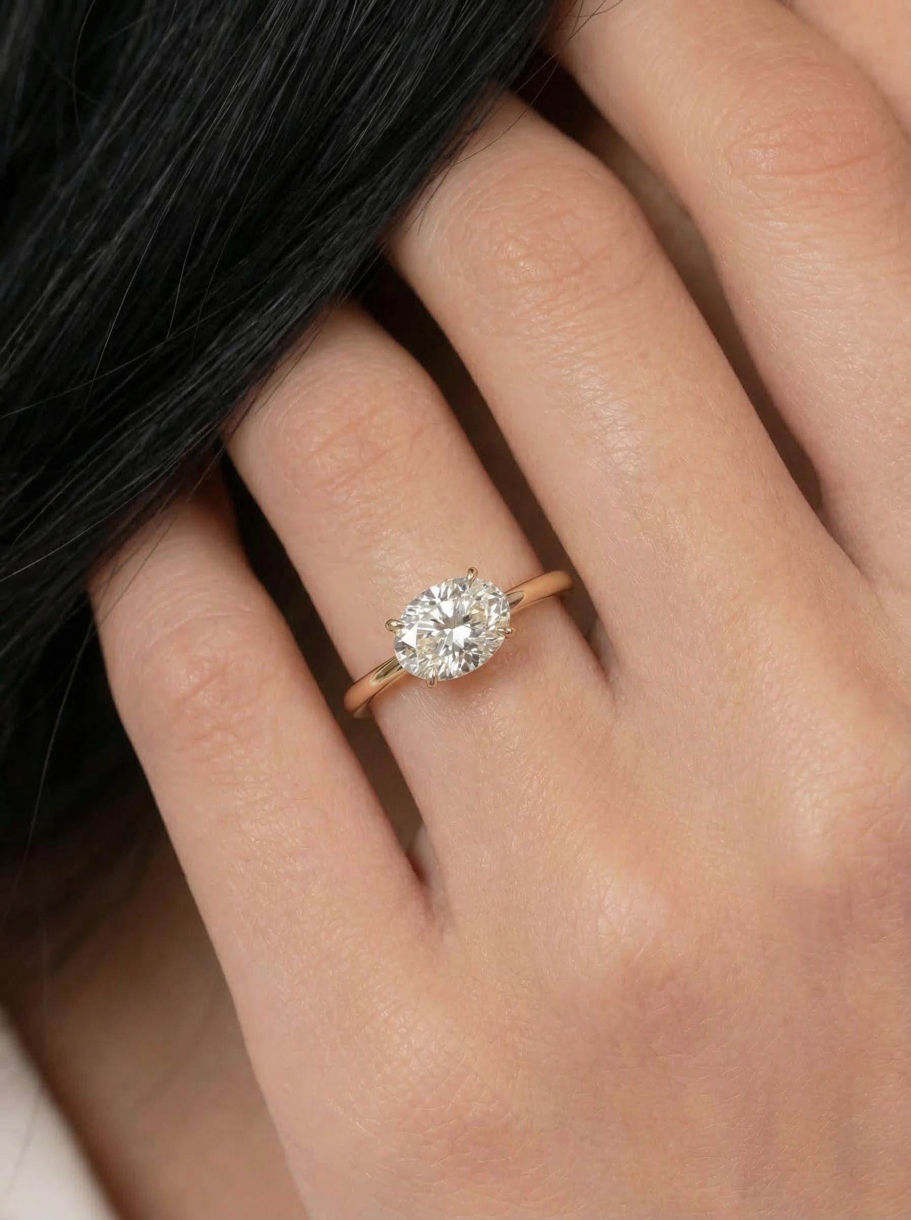 2.0 CT East West Oval Cut Diamond Ring, Yellow Gold Vermeil Ring, Dainty Travel Engagement Ring Gift for Her