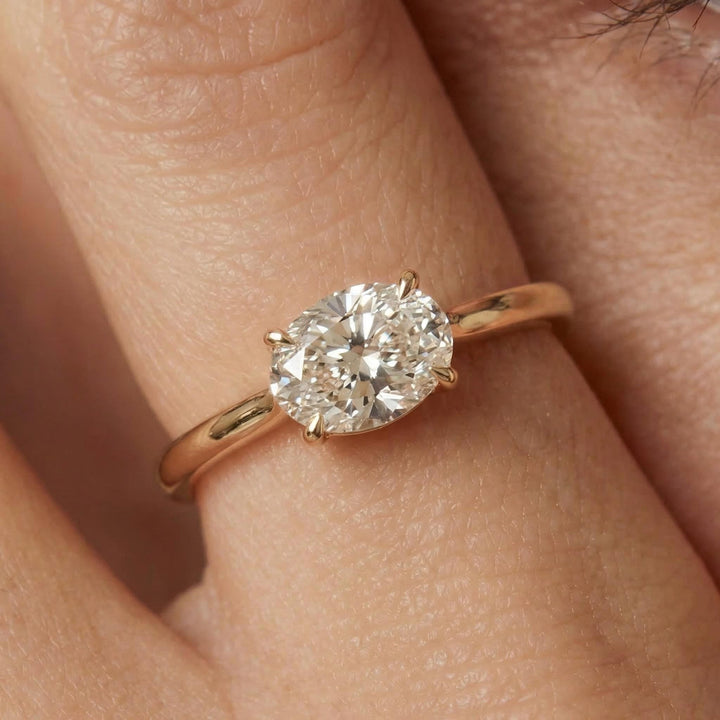 2.0 CT East West Oval Cut Diamond Ring, Yellow Gold Vermeil Ring, Dainty Travel Engagement Ring Gift for Her