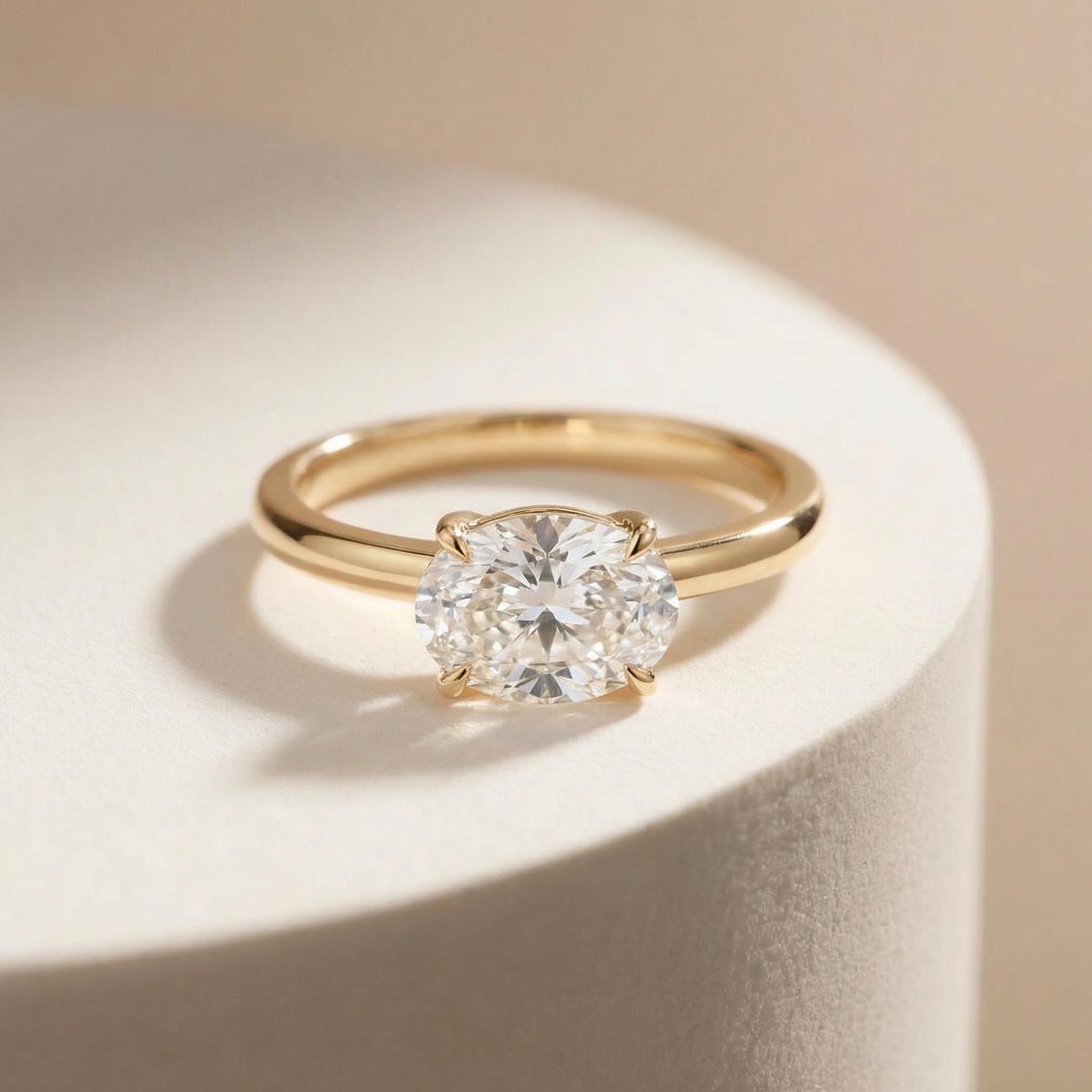 2.0 CT East West Oval Cut Diamond Ring, Yellow Gold Vermeil Ring, Dainty Travel Engagement Ring Gift for Her