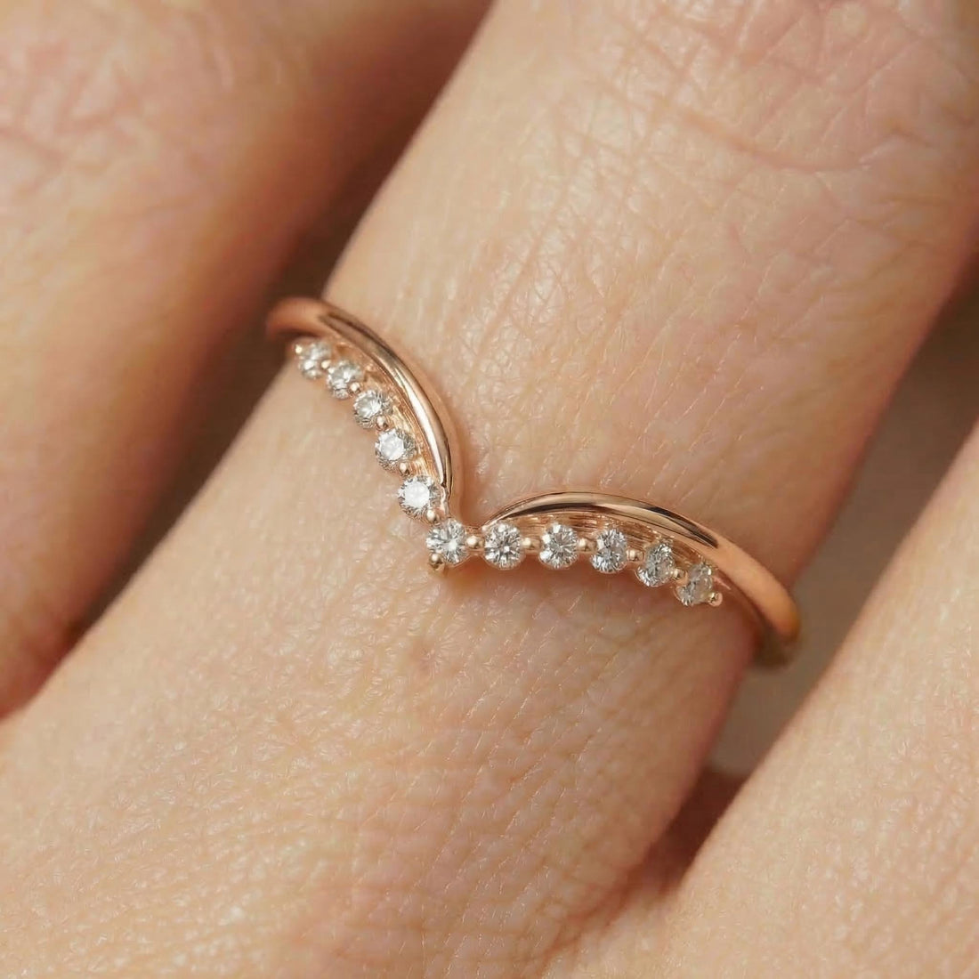 Delicate Moissanite Curved Wedding Band, Curve Stacking Ring, Matching Wedding Ring Gift for Women, Crown Ring