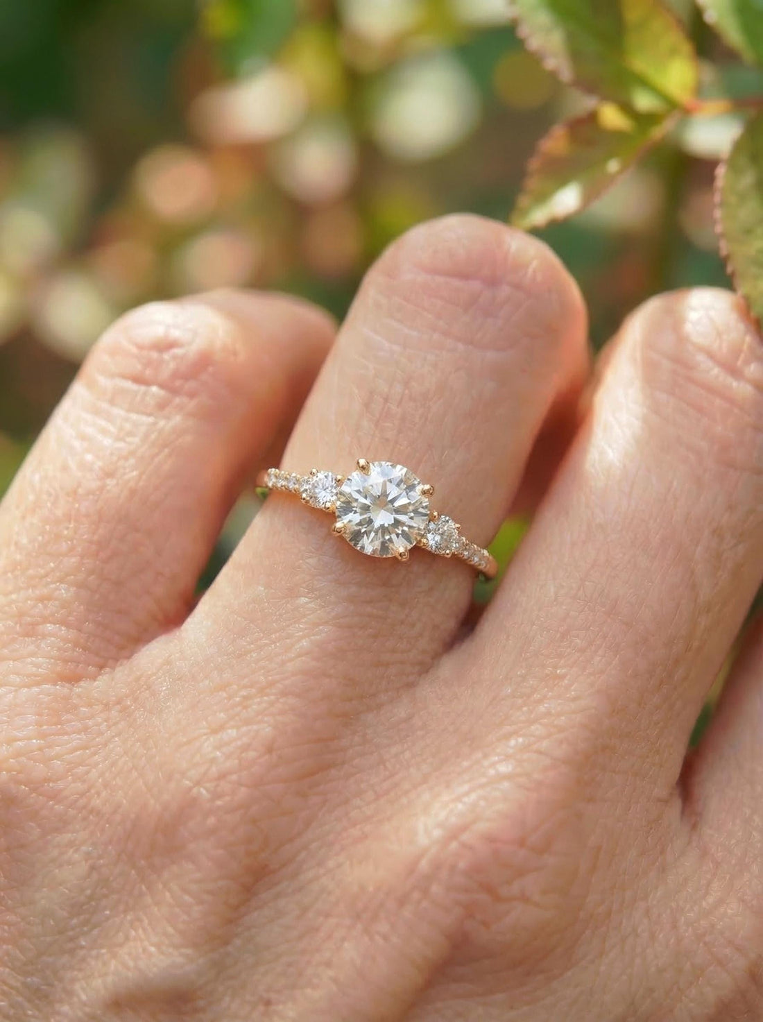 Three Stone Travel Ring, Round Cut 1ct Simulated Diamond Engagement Ring, Three Stone Ring, Dainty Gold Promise Ring, Bridal Ring For Her
