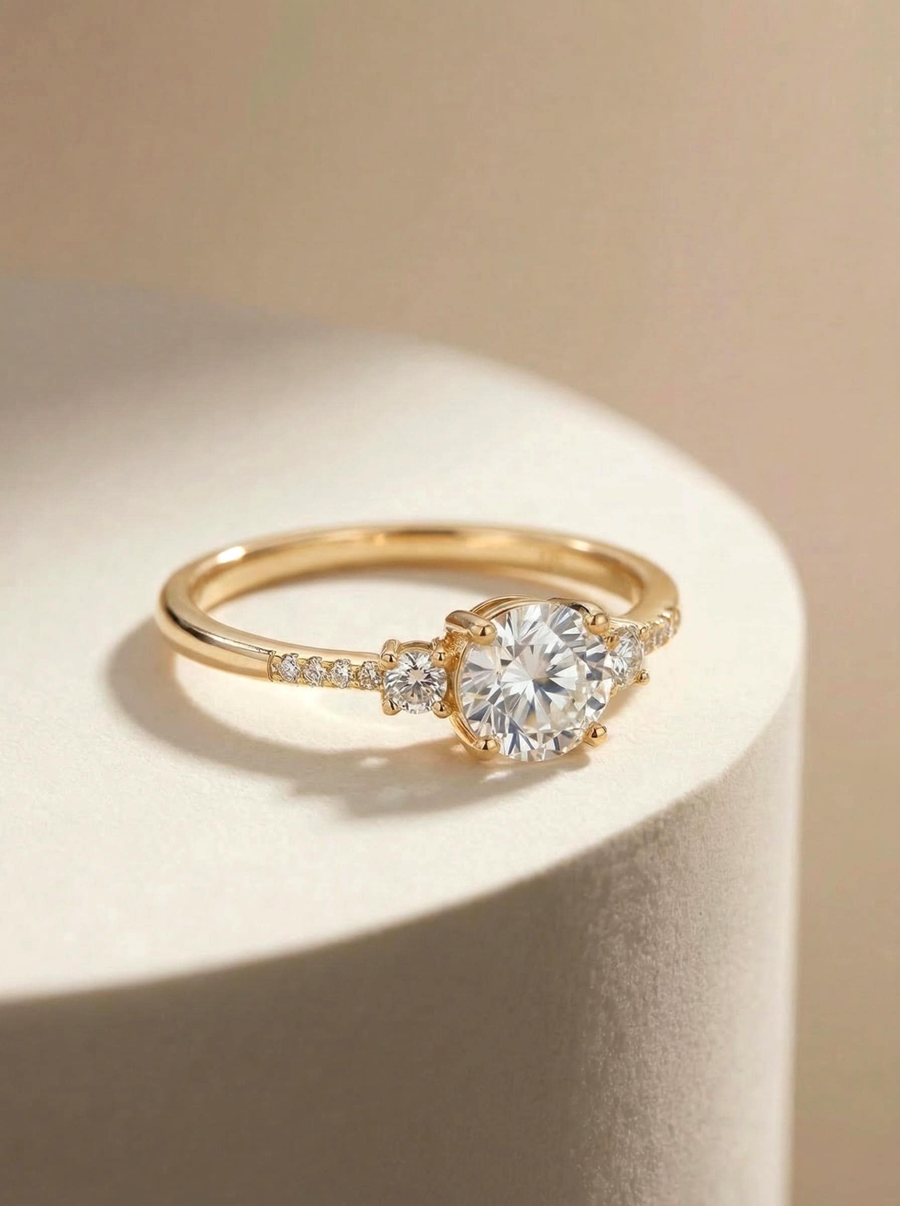 Three Stone Travel Ring, Round Cut 1ct Simulated Diamond Engagement Ring, Three Stone Ring, Dainty Gold Promise Ring, Bridal Ring For Her