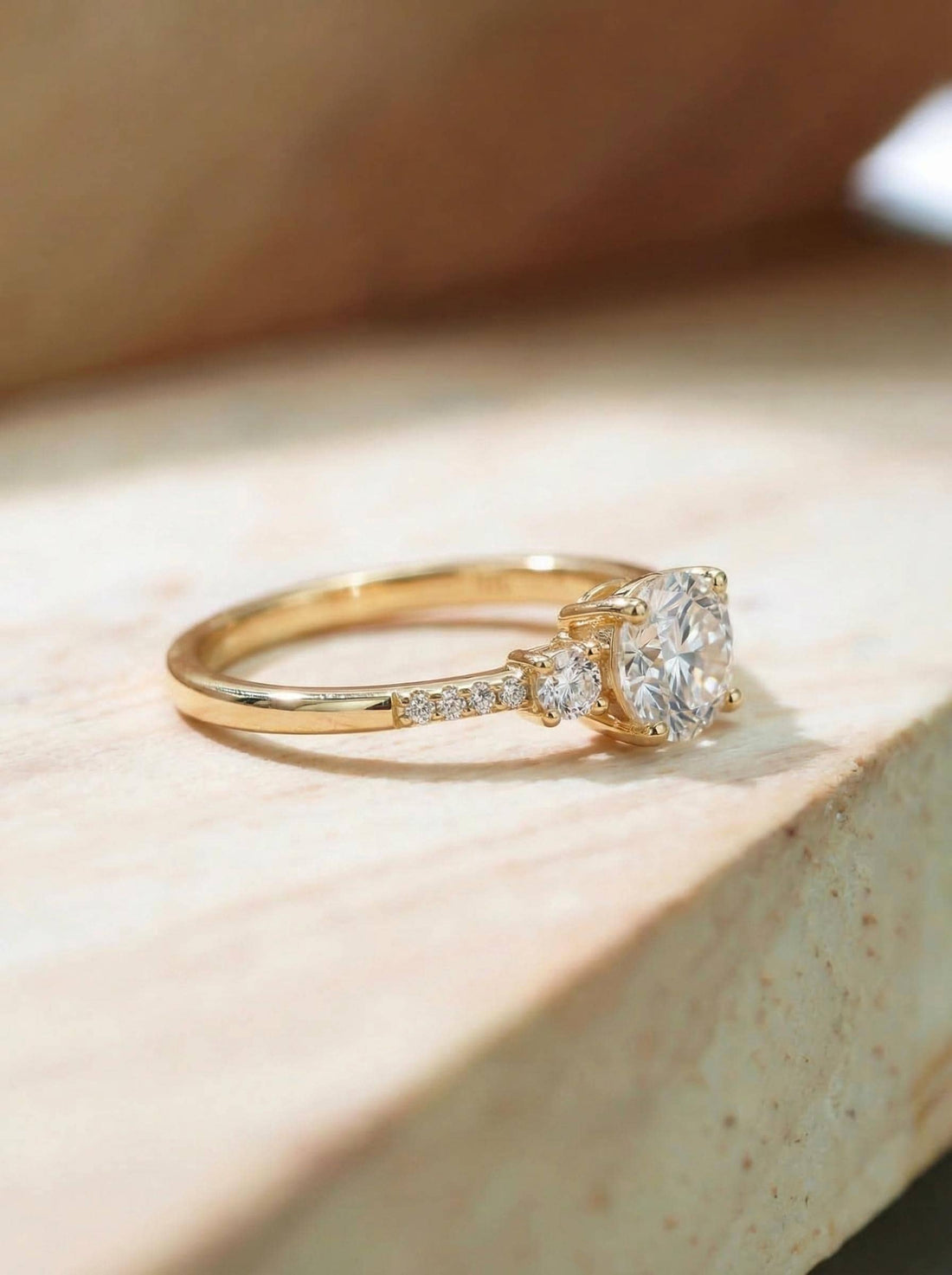 Three Stone Travel Ring, Round Cut 1ct Simulated Diamond Engagement Ring, Three Stone Ring, Dainty Gold Promise Ring, Bridal Ring For Her