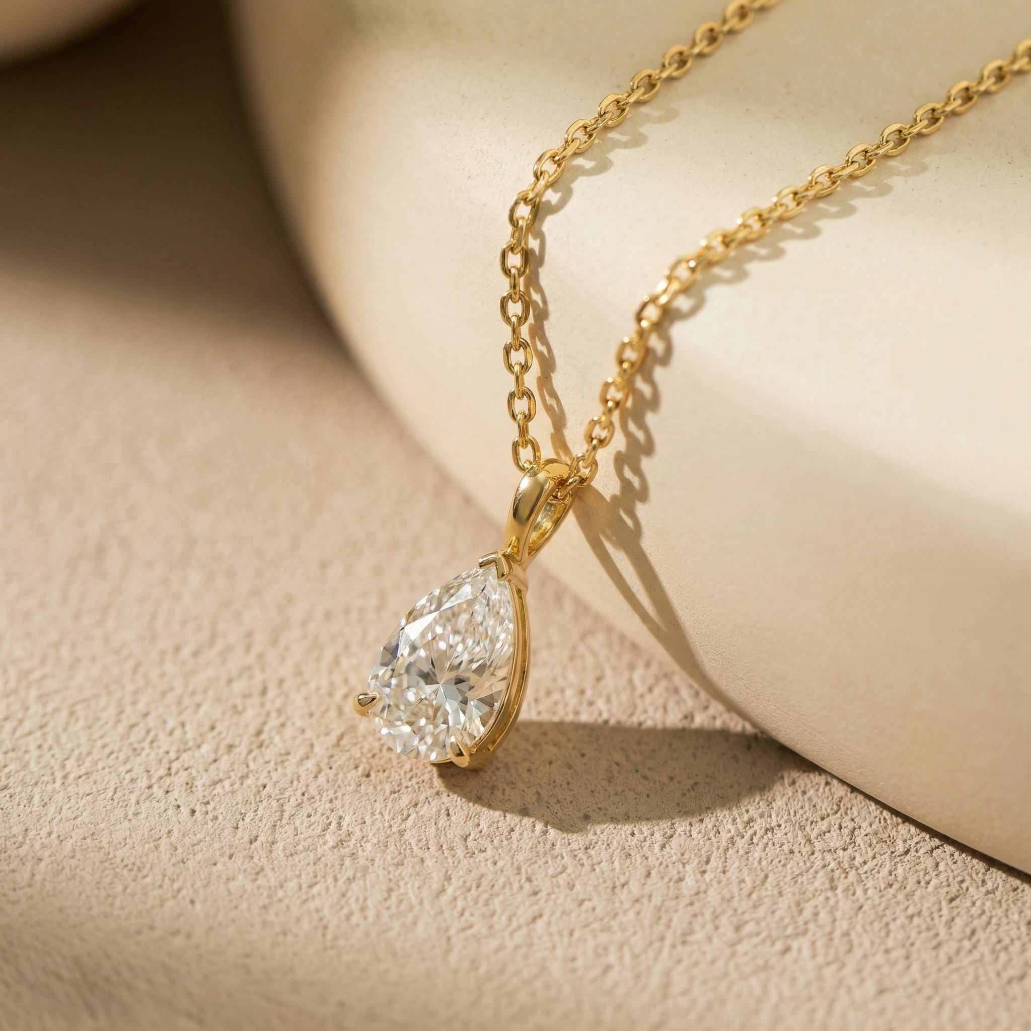 Pear Cut Moissanite Solitaire Necklace | 14K Gold Moissanite Necklace for Women | Delicate Wedding Anniversary Gift for Her
