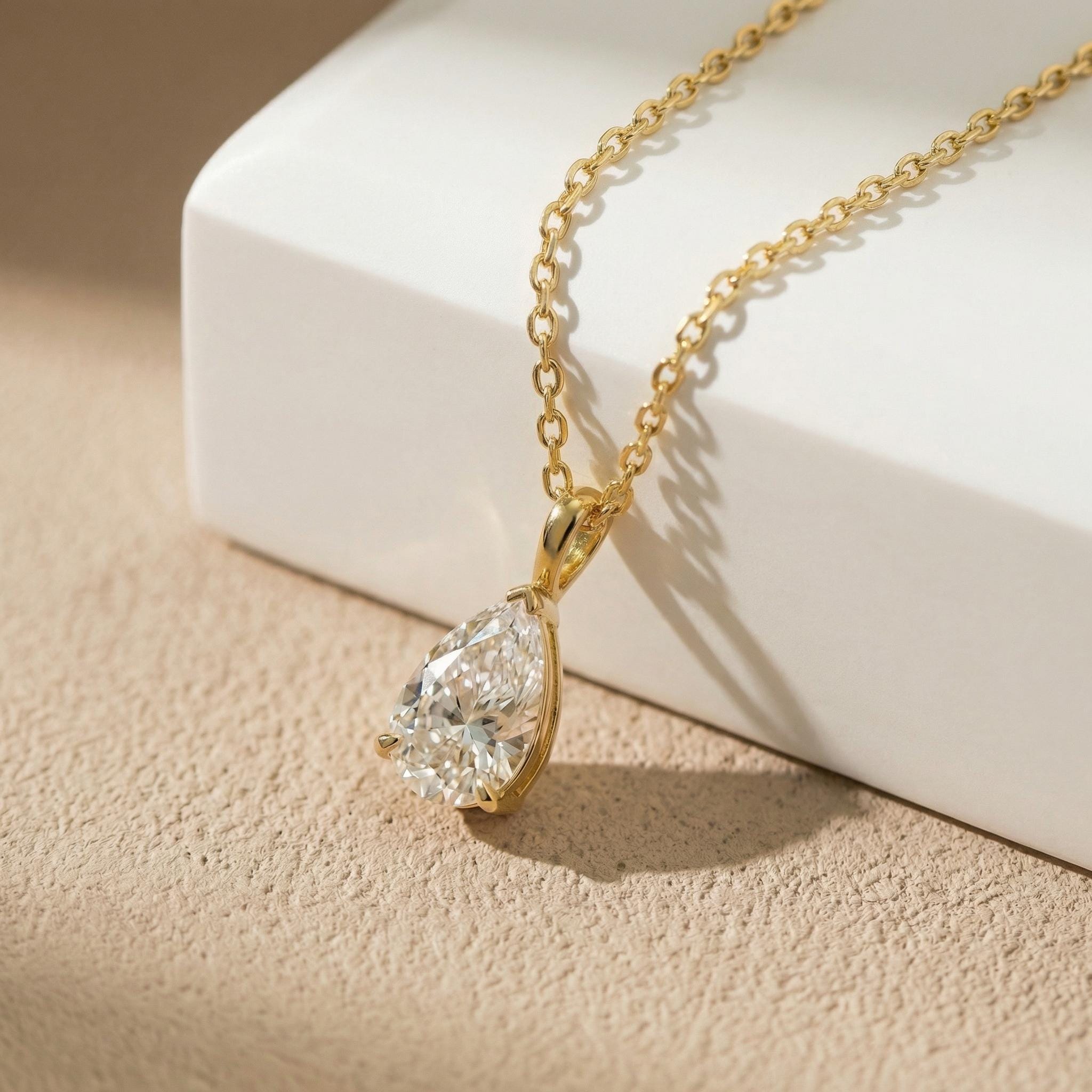 Pear Cut Moissanite Solitaire Necklace | 14K Gold Moissanite Necklace for Women | Delicate Wedding Anniversary Gift for Her